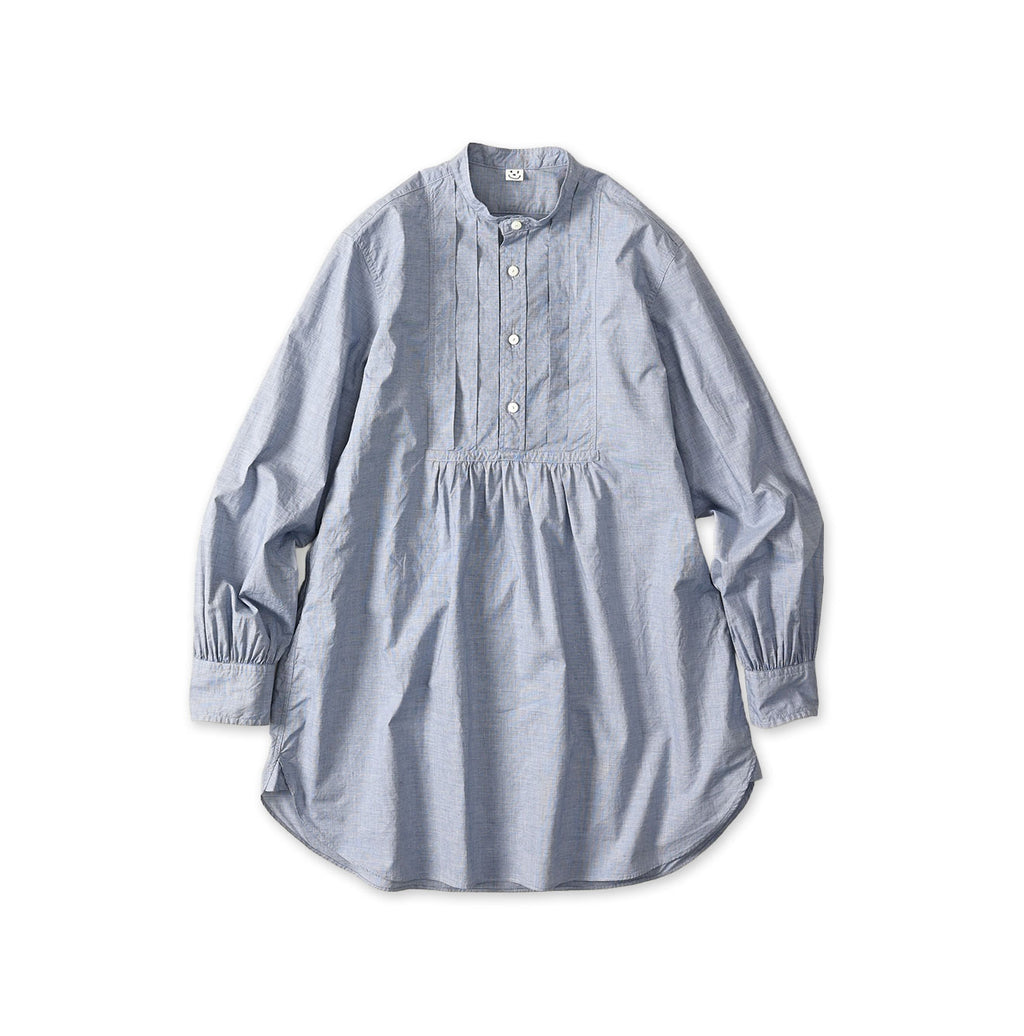 Supima Batiste Tuck Stand Collar Shirt Blue Mini Plaid