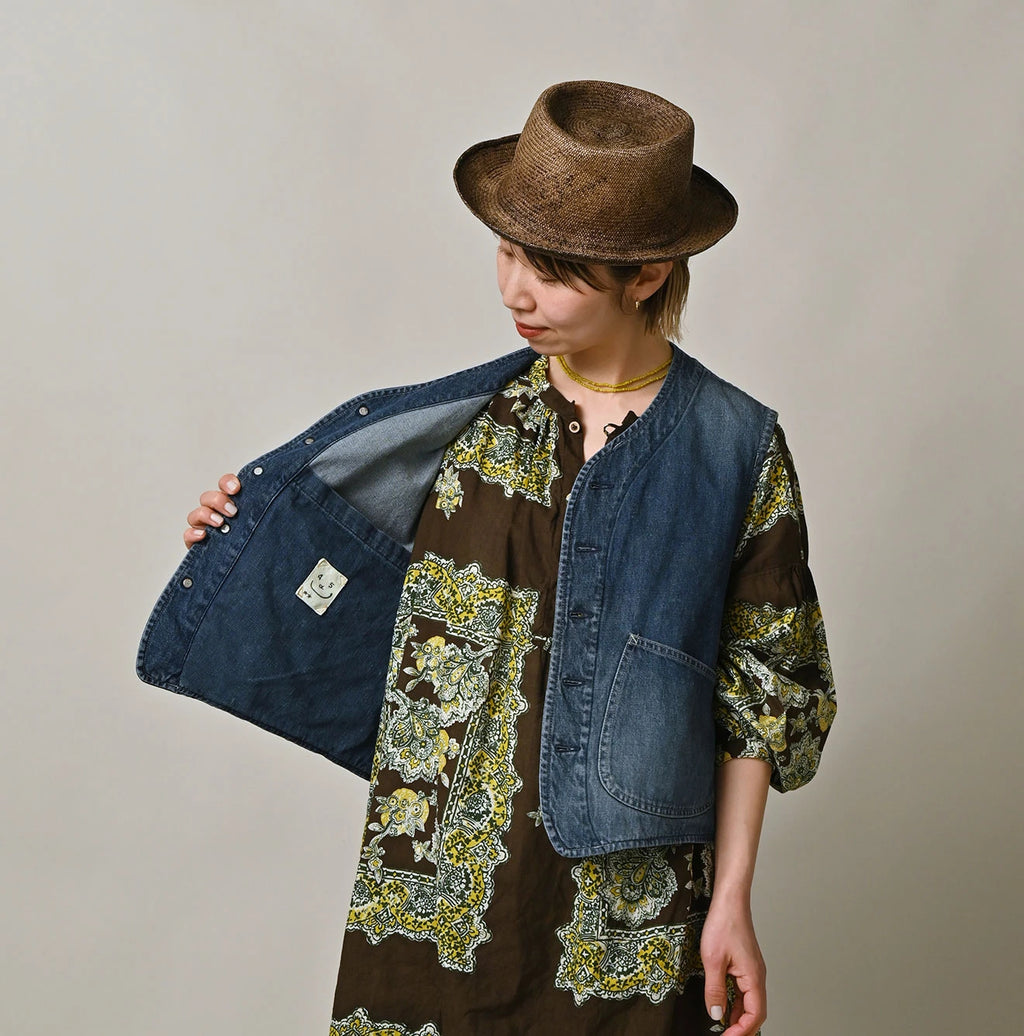 9.4oz Denim 908 Ocean Hunting Vest Tan Female Model