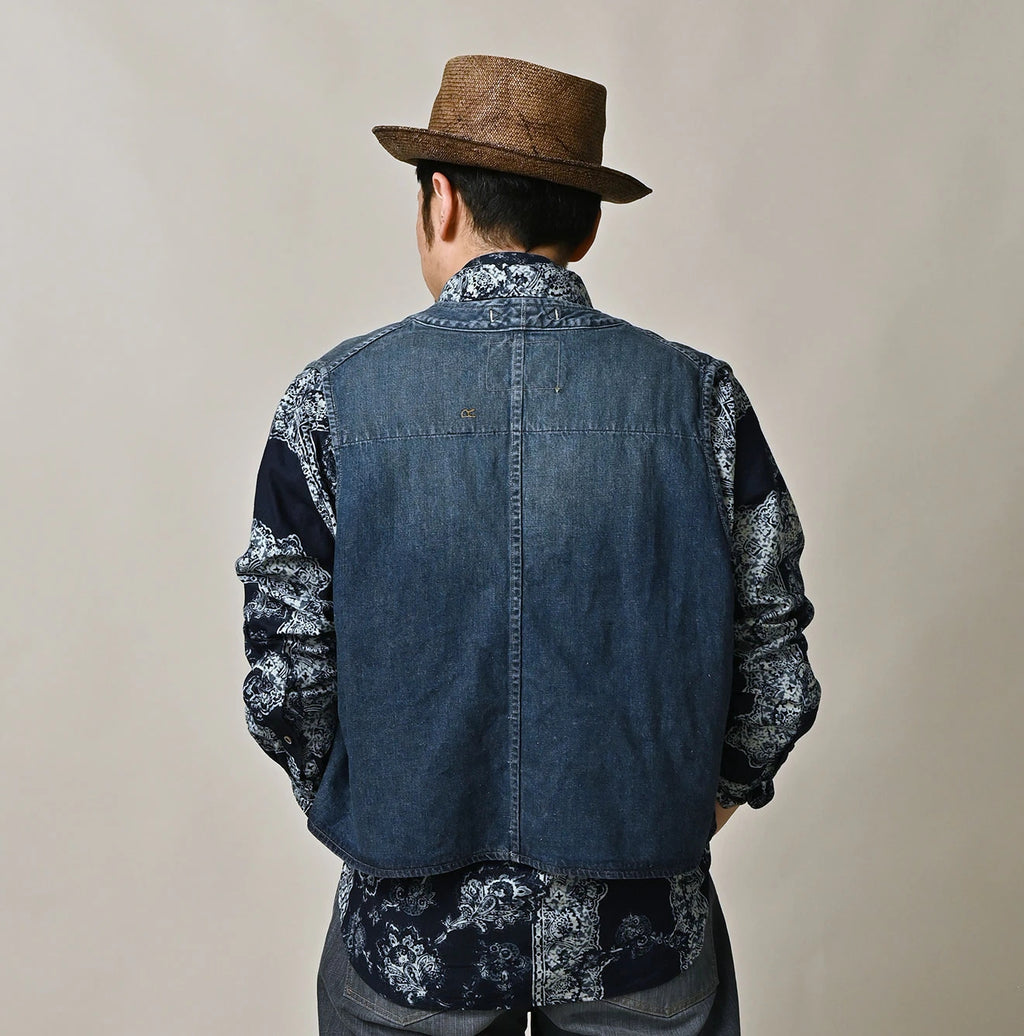 9.4oz Denim 908 Ocean Hunting Vest Tan Male Model