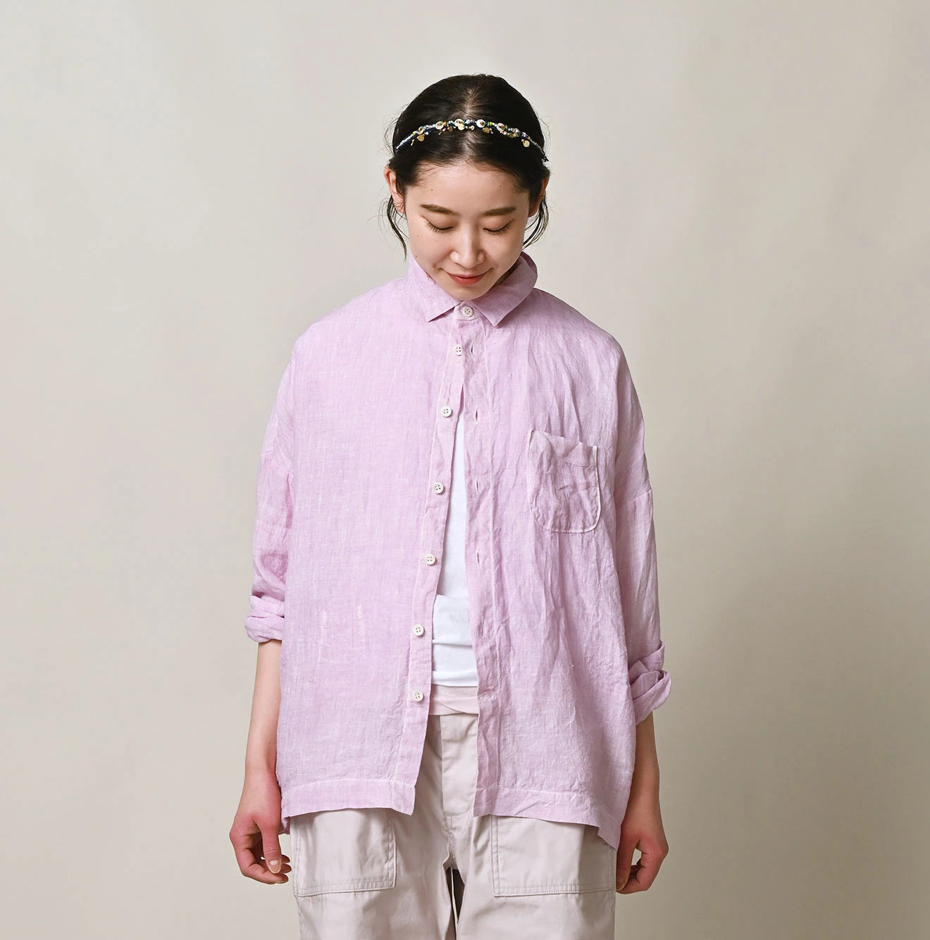 45 Plant Dyed Indian Linen 908 Uma Shirt Female Model