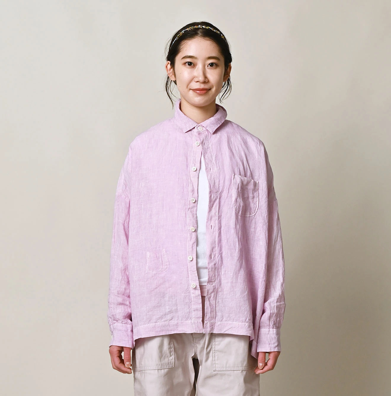 45 Plant Dyed Indian Linen 908 Uma Shirt Female Model