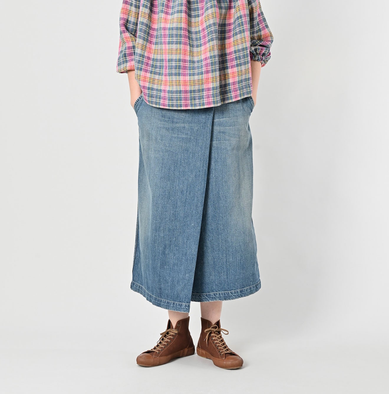 Rye Mugi Denim Wrapped Skirt Tan Female Model