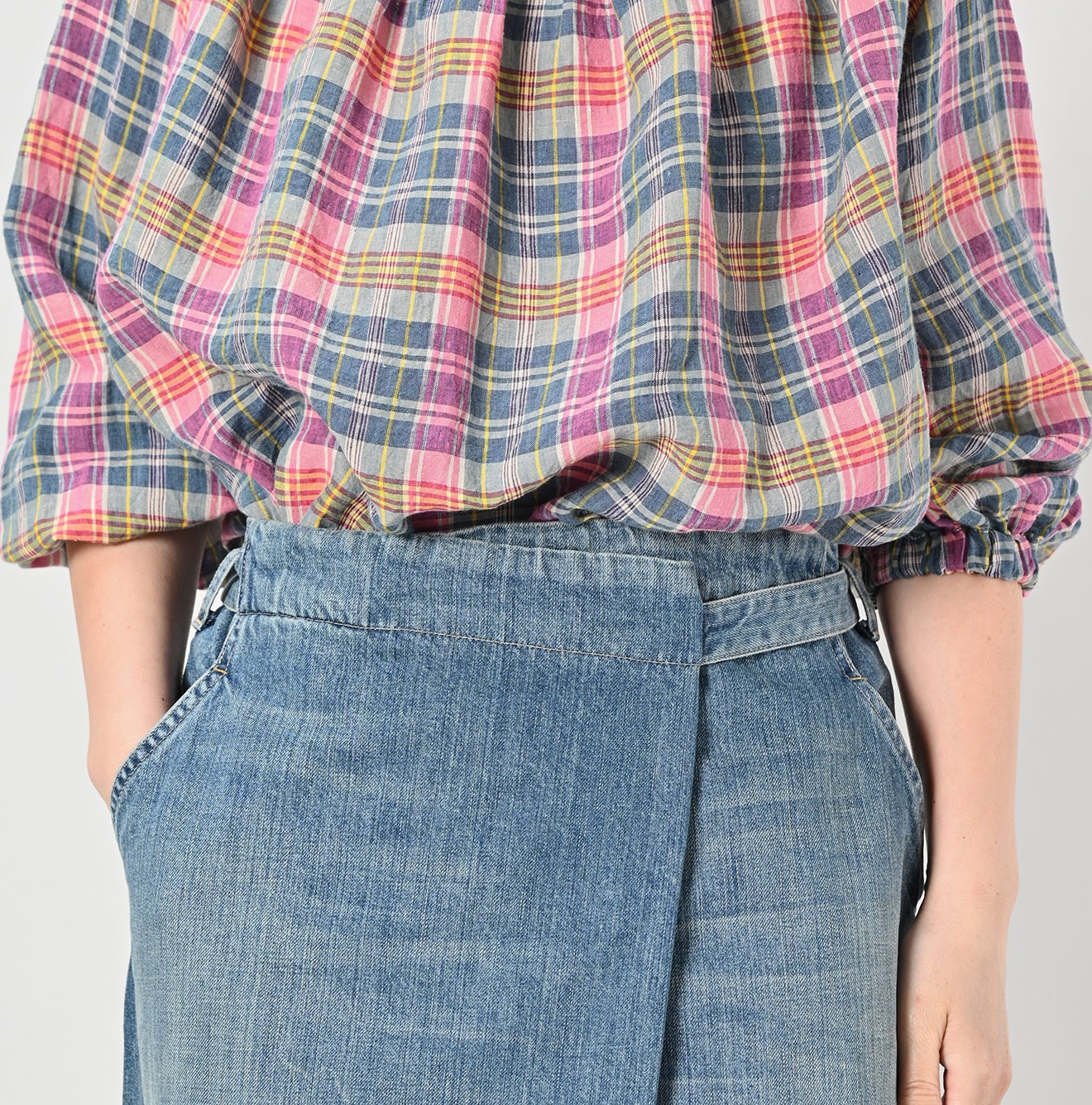 Rye Mugi Denim Wrapped Skirt Tan Detail