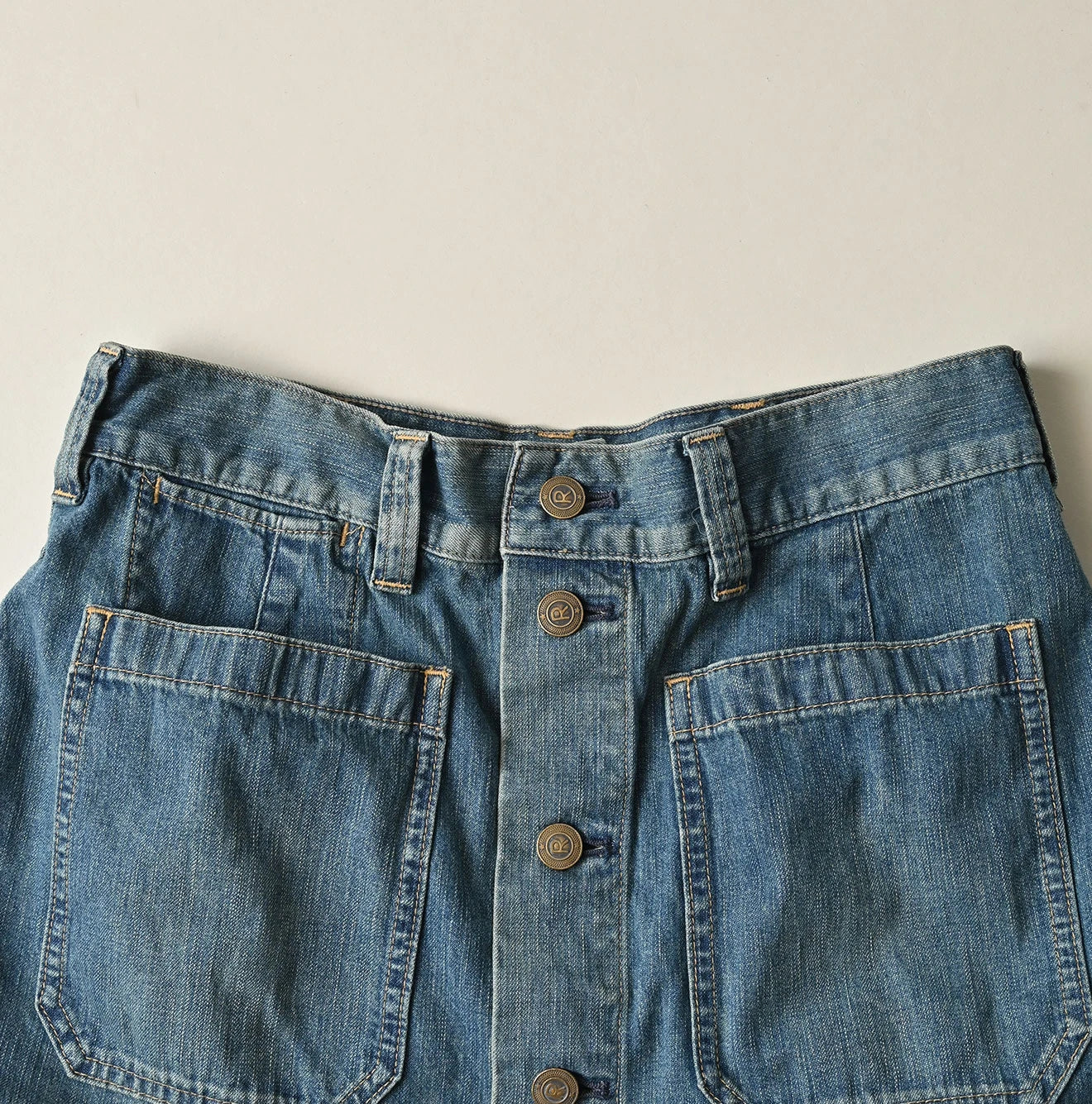 Mugihiko Denim Bell Skirt Tan Detail