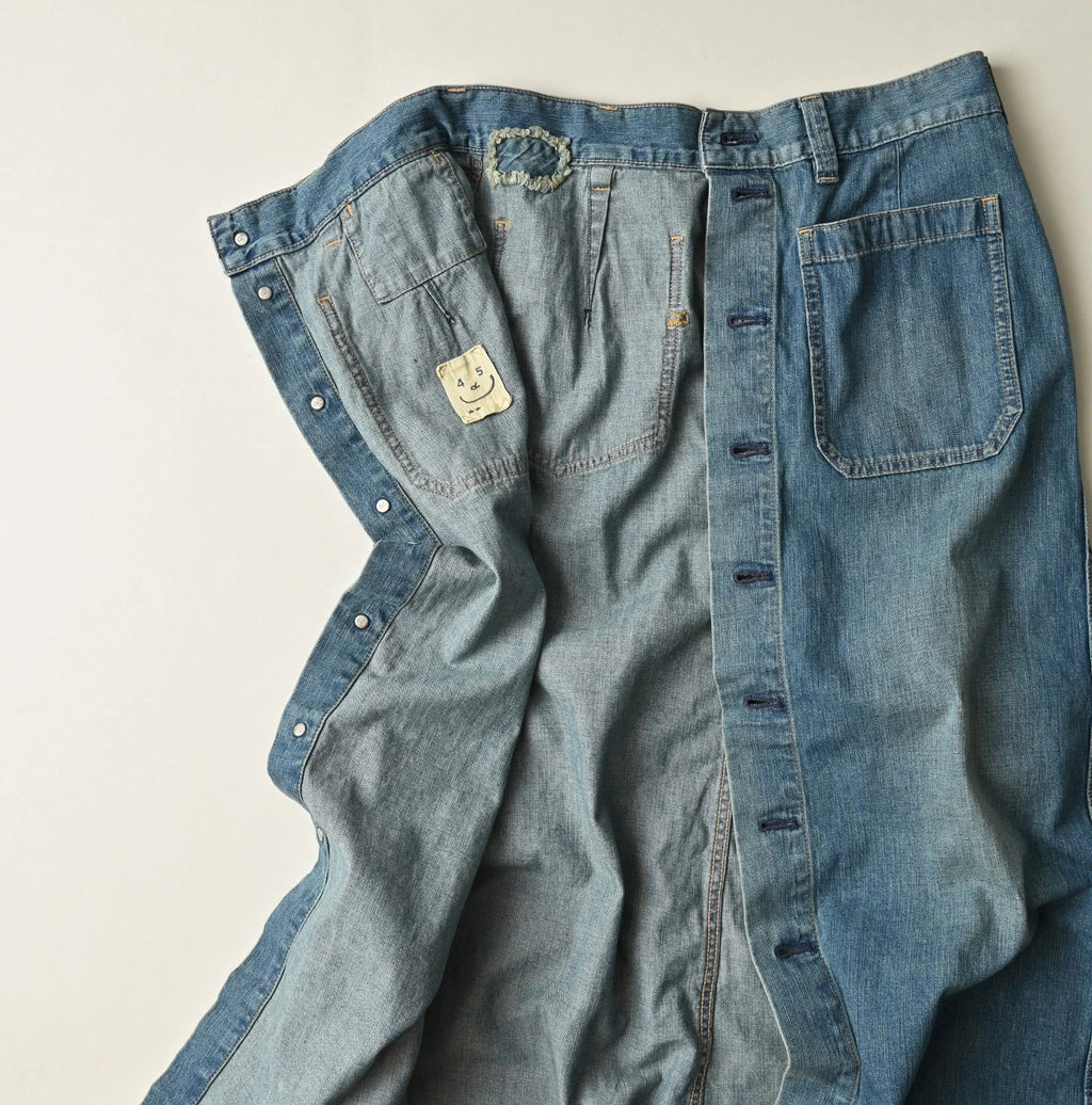 Mugihiko Denim Bell Skirt Tan Detail