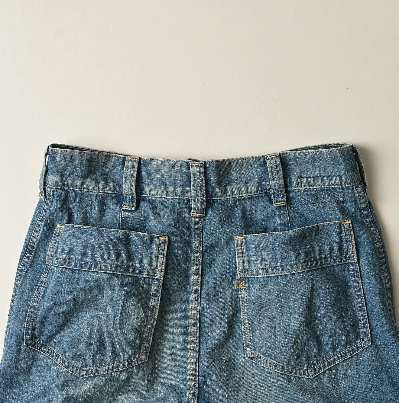 Mugihiko Denim Bell Skirt Tan Detail