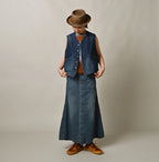 Mugihiko Denim Bell Skirt Tan Female Model