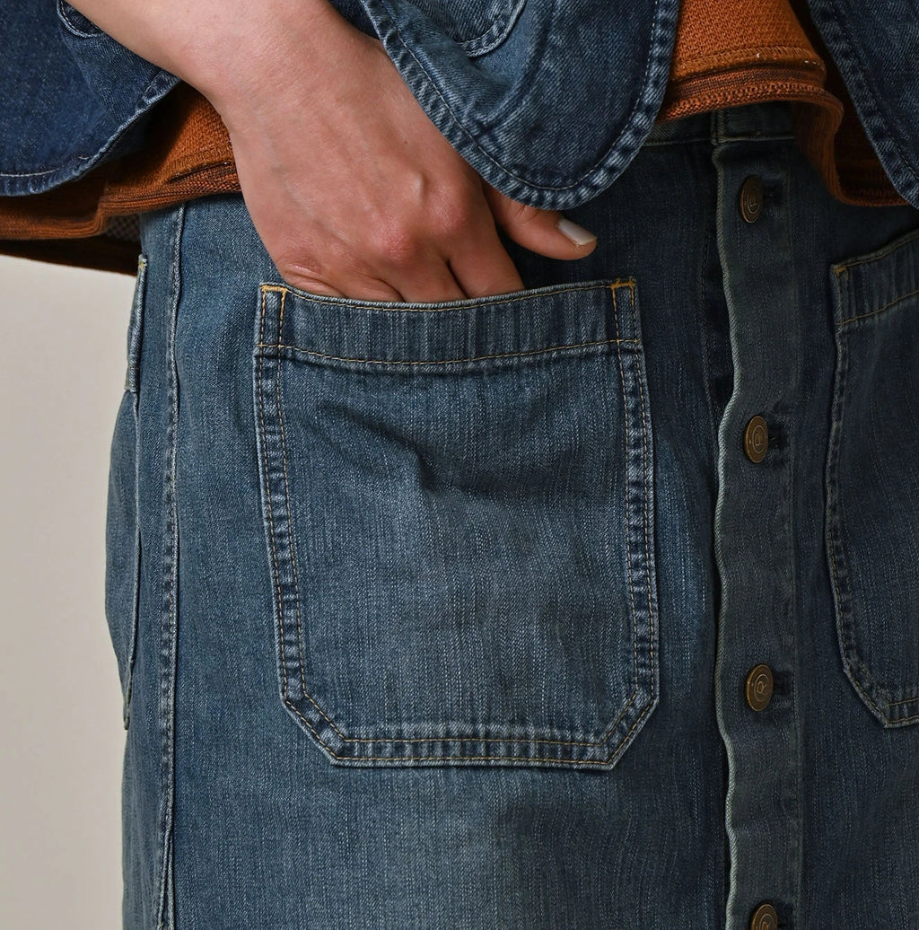 Mugihiko Denim Bell Skirt Tan Detail