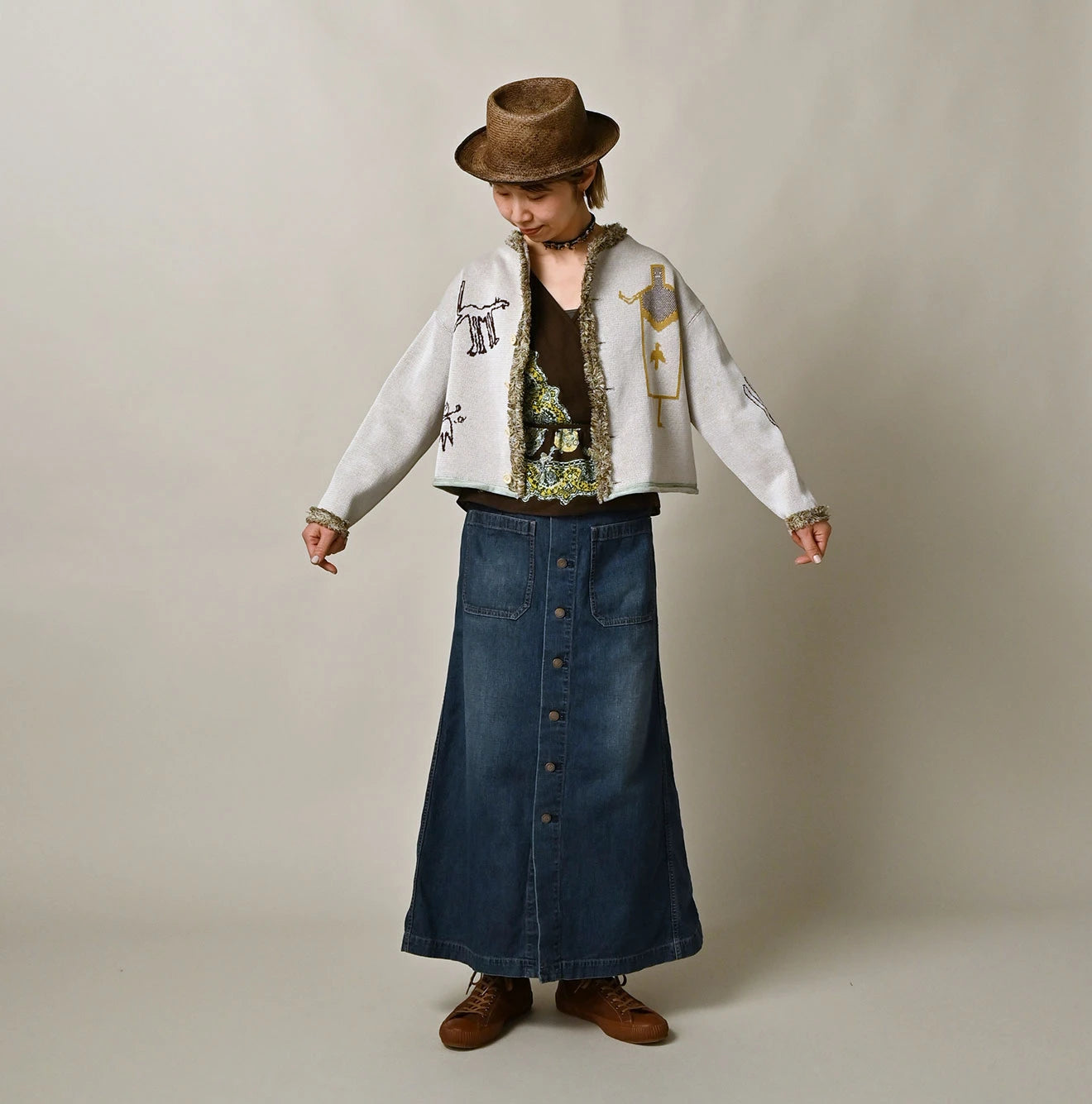 Mugihiko Denim Bell Skirt Zyu Female Model