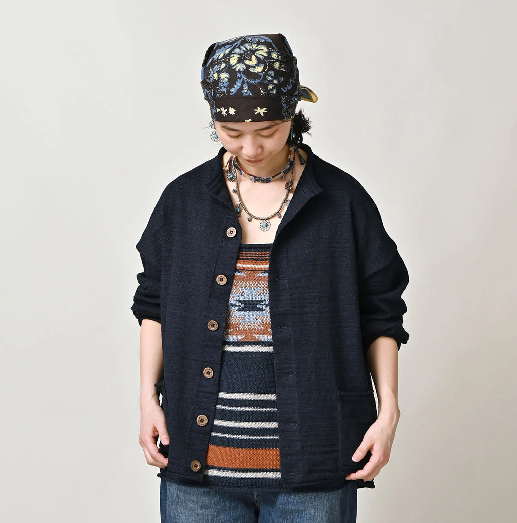 Indigo Dekoboko Knitsew 908 Cardigan Female Model