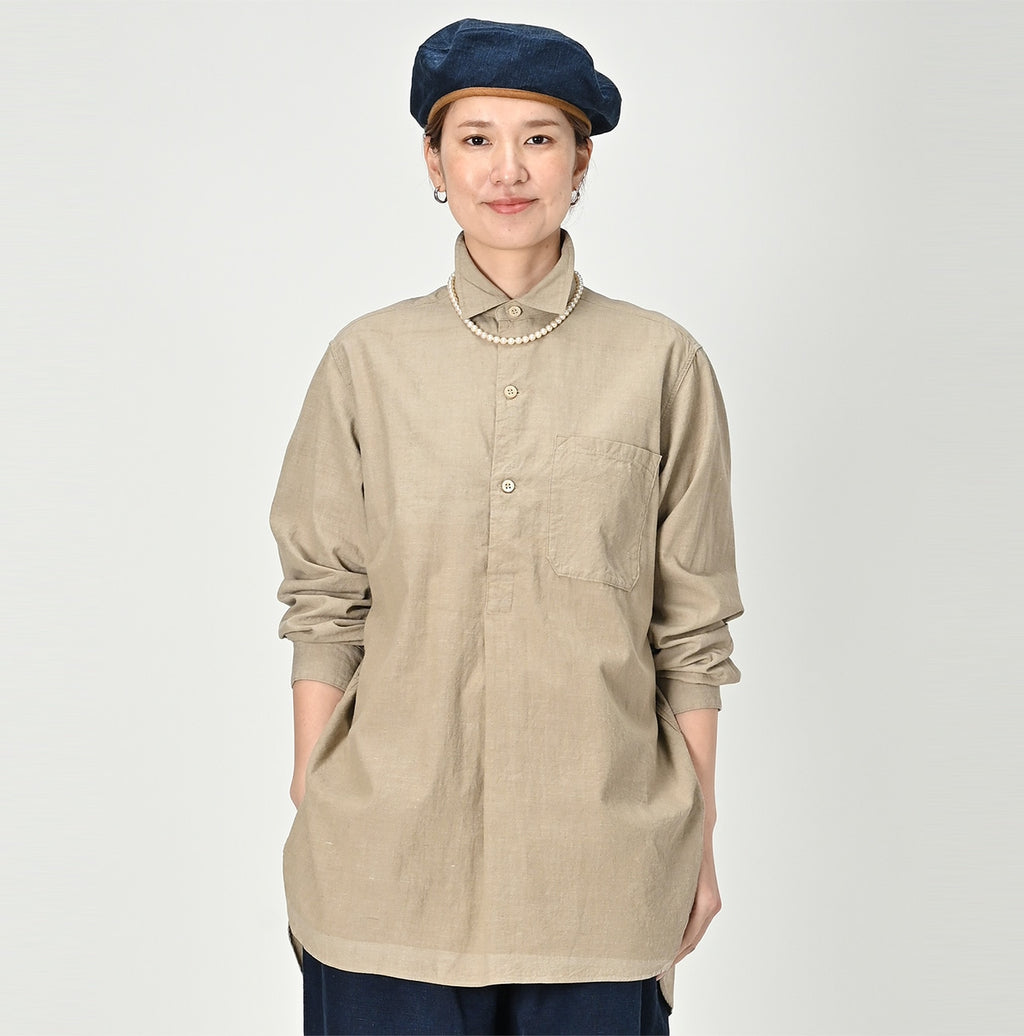 Indigo Khadi OX 908 Grandpa Pull Shirt Sumi Female Model