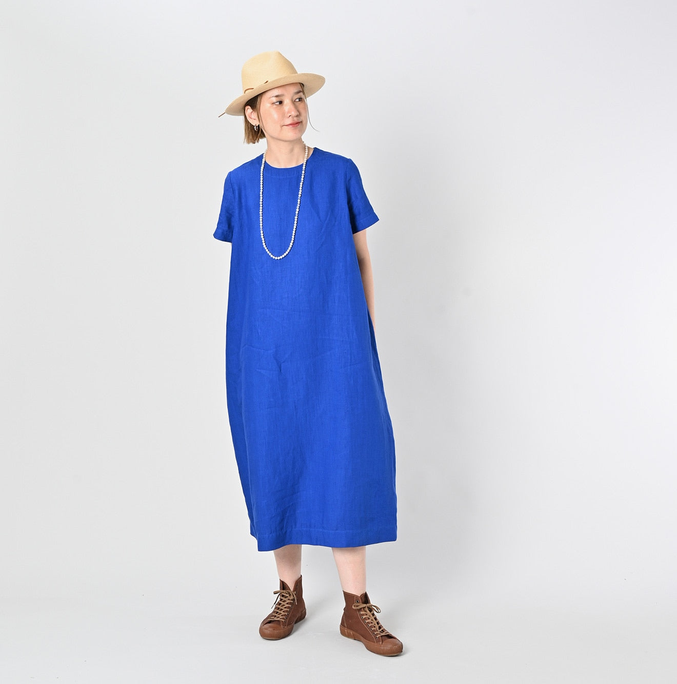 Linen Plant Dyed Half Sleeve Poyon Dress Female Model