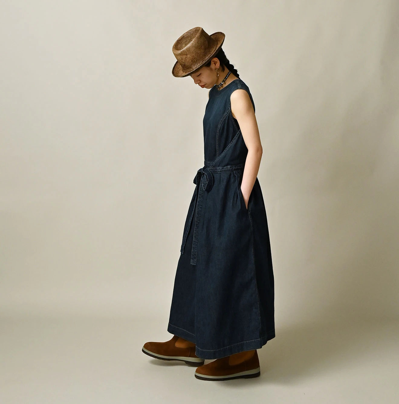 Mugihiko Denim Wrap Dress Zyu Female Model