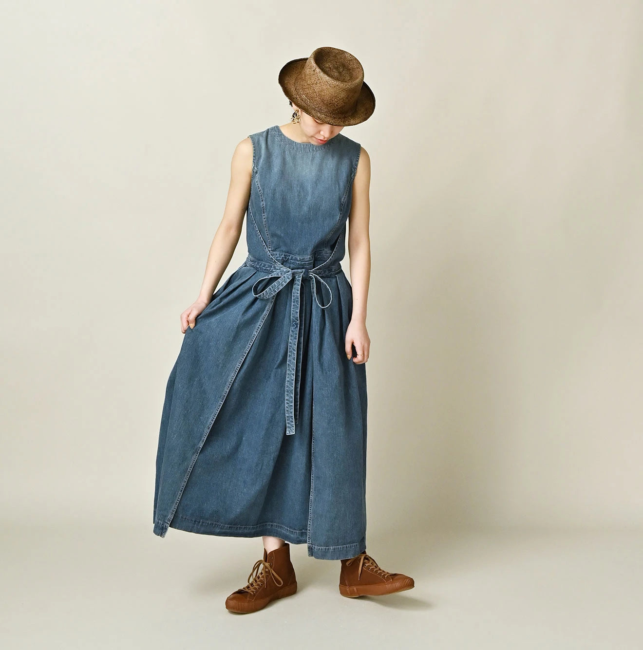 Mugihiko Denim Wrap Dress Tan