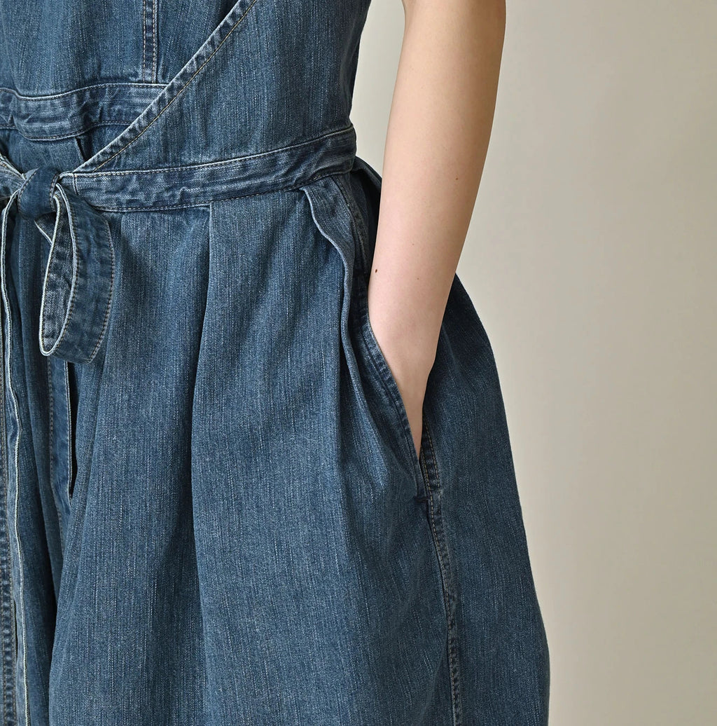 Mugihiko Denim Wrap Dress Tan Detail