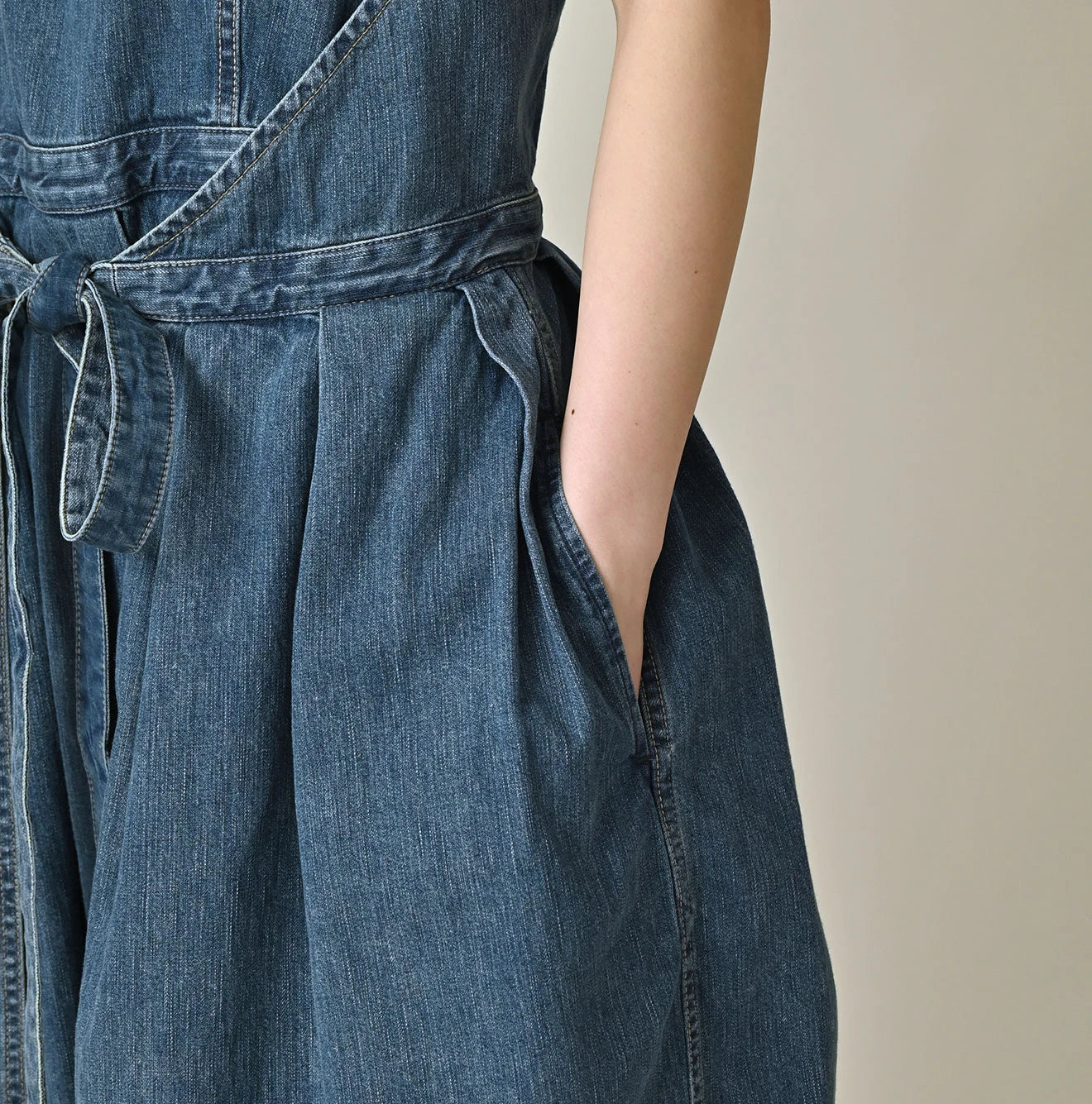 Mugihiko Denim Wrap Dress Tan Detail