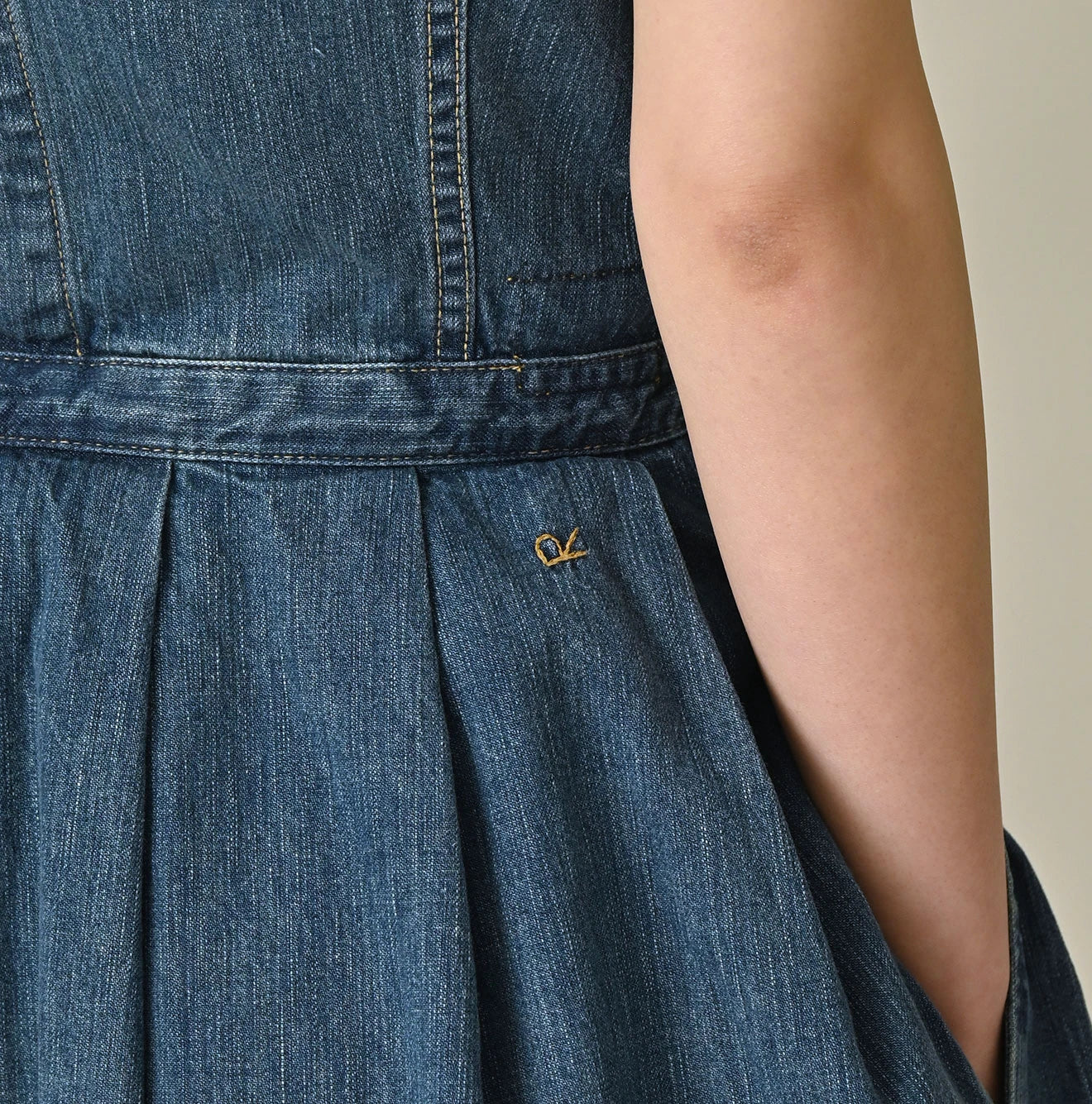 Mugihiko Denim Wrap Dress Tan Detail