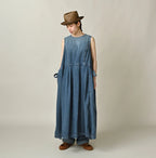 Mugihiko Denim Wrap Dress Tan Female Model