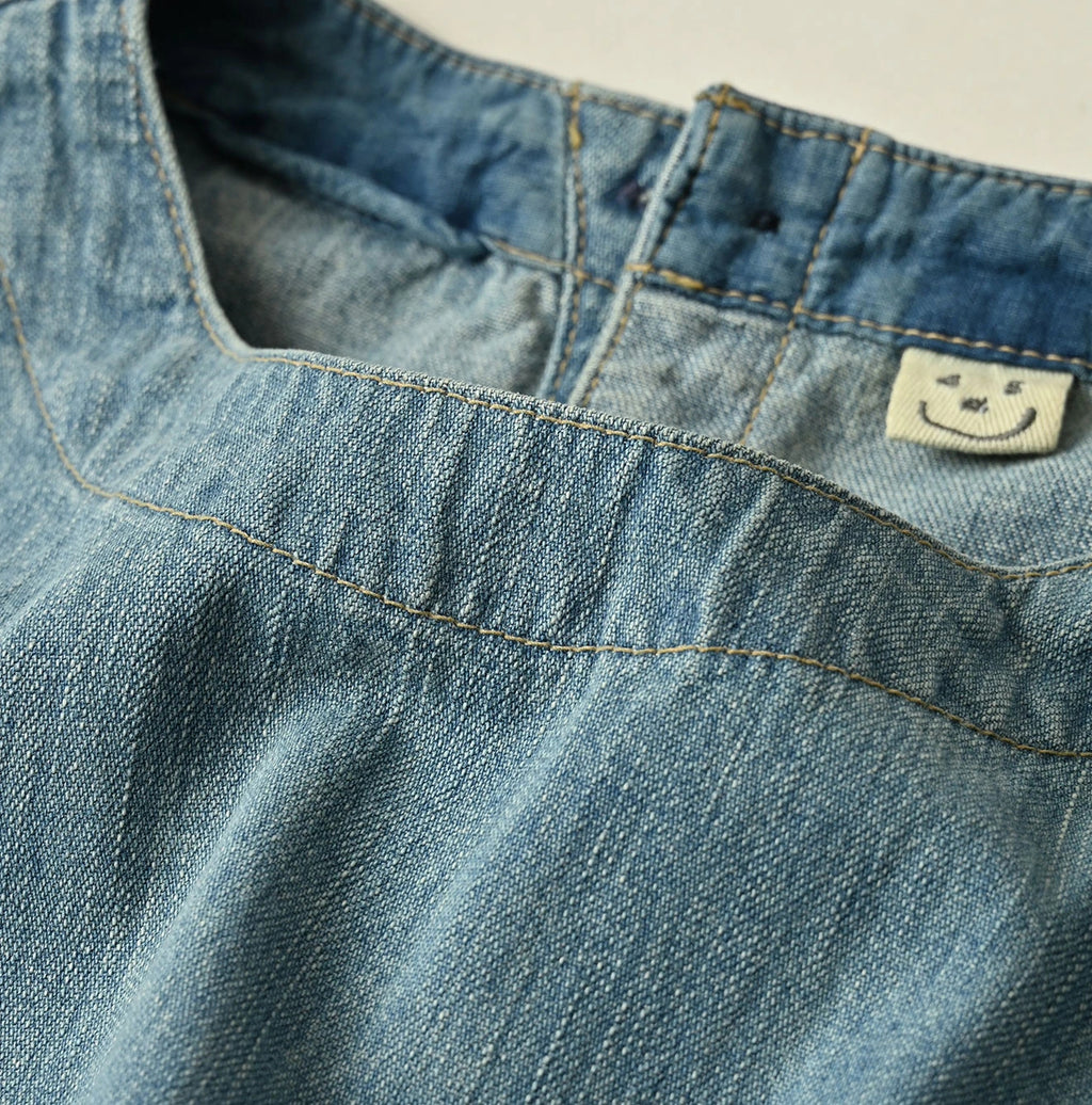 Mugihiko Denim Wrap Dress Tan Detail