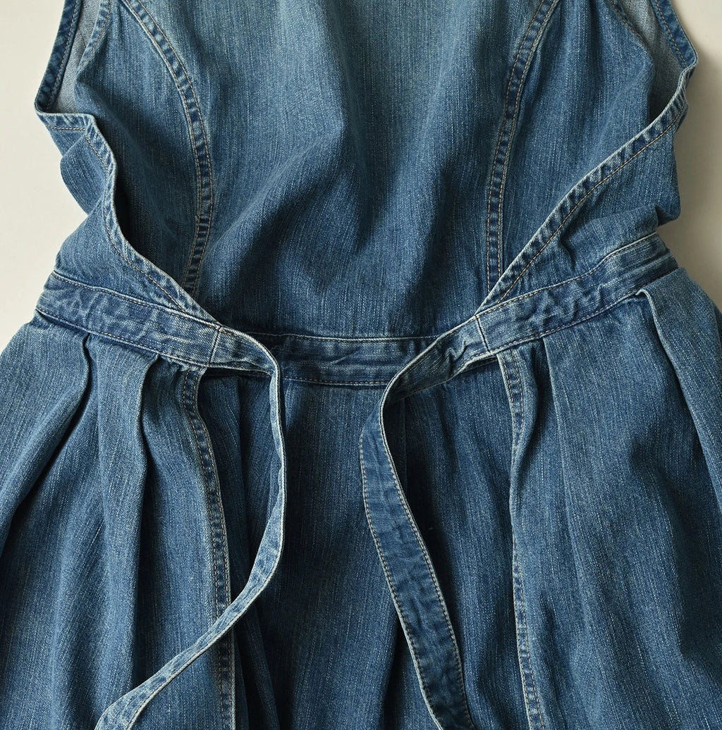 Mugihiko Denim Wrap Dress Tan Detail