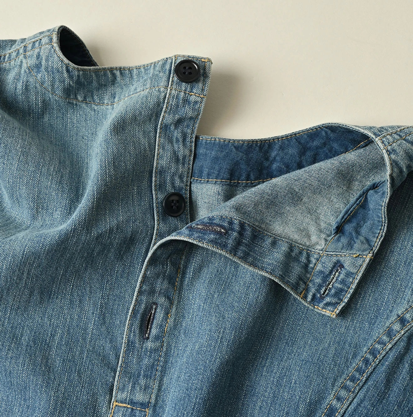 Mugihiko Denim Wrap Dress Tan Detail