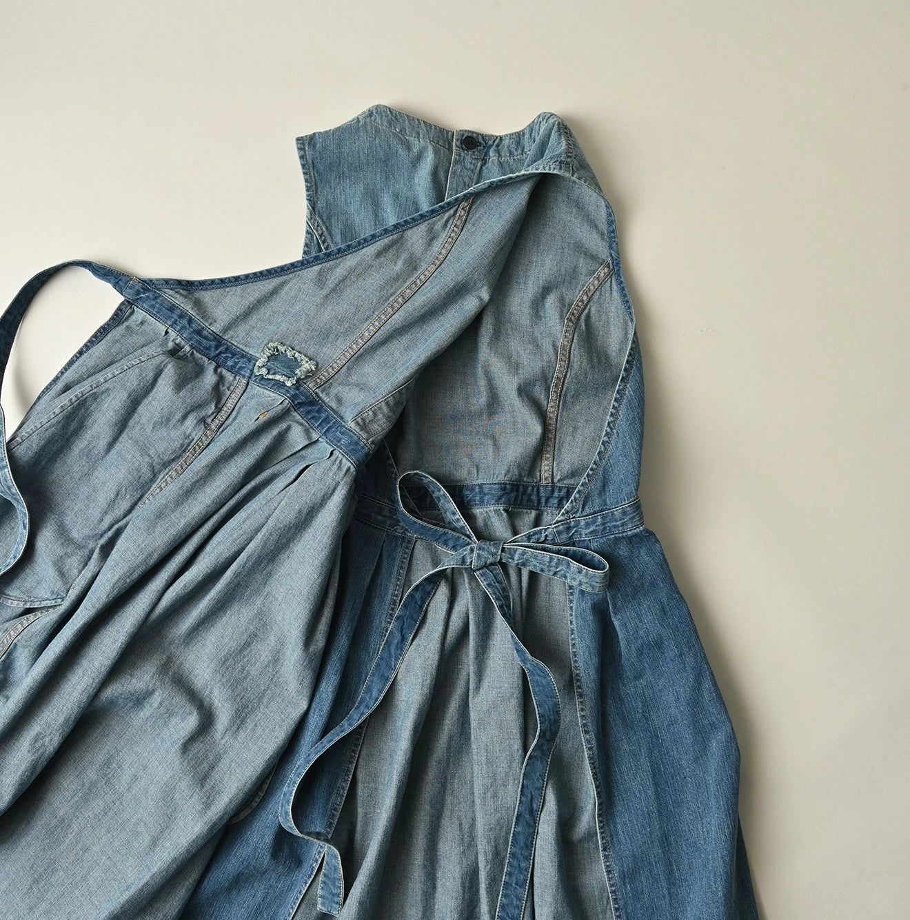 Mugihiko Denim Wrap Dress Tan Detail