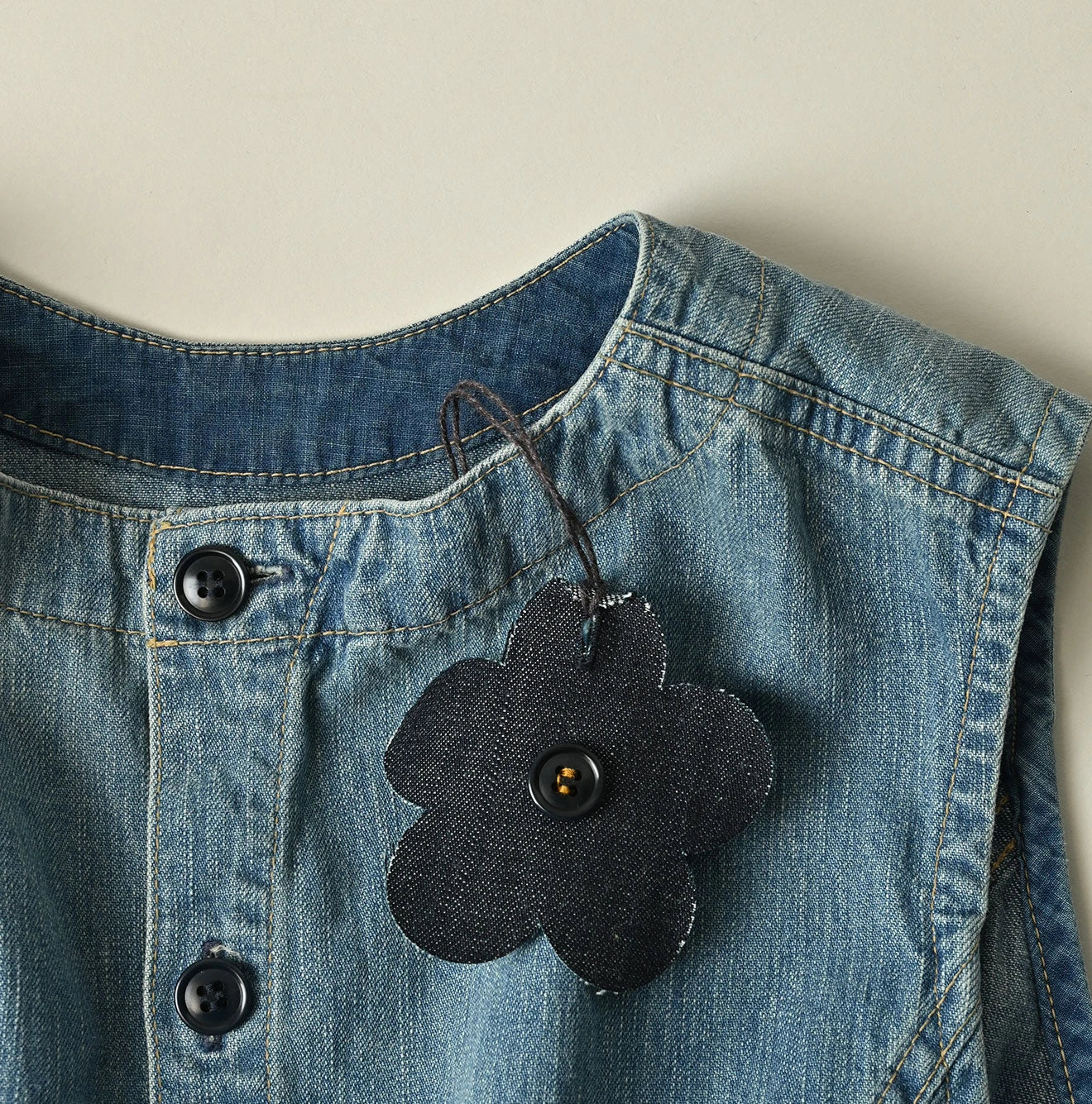 Mugihiko Denim Wrap Dress Tan Detail