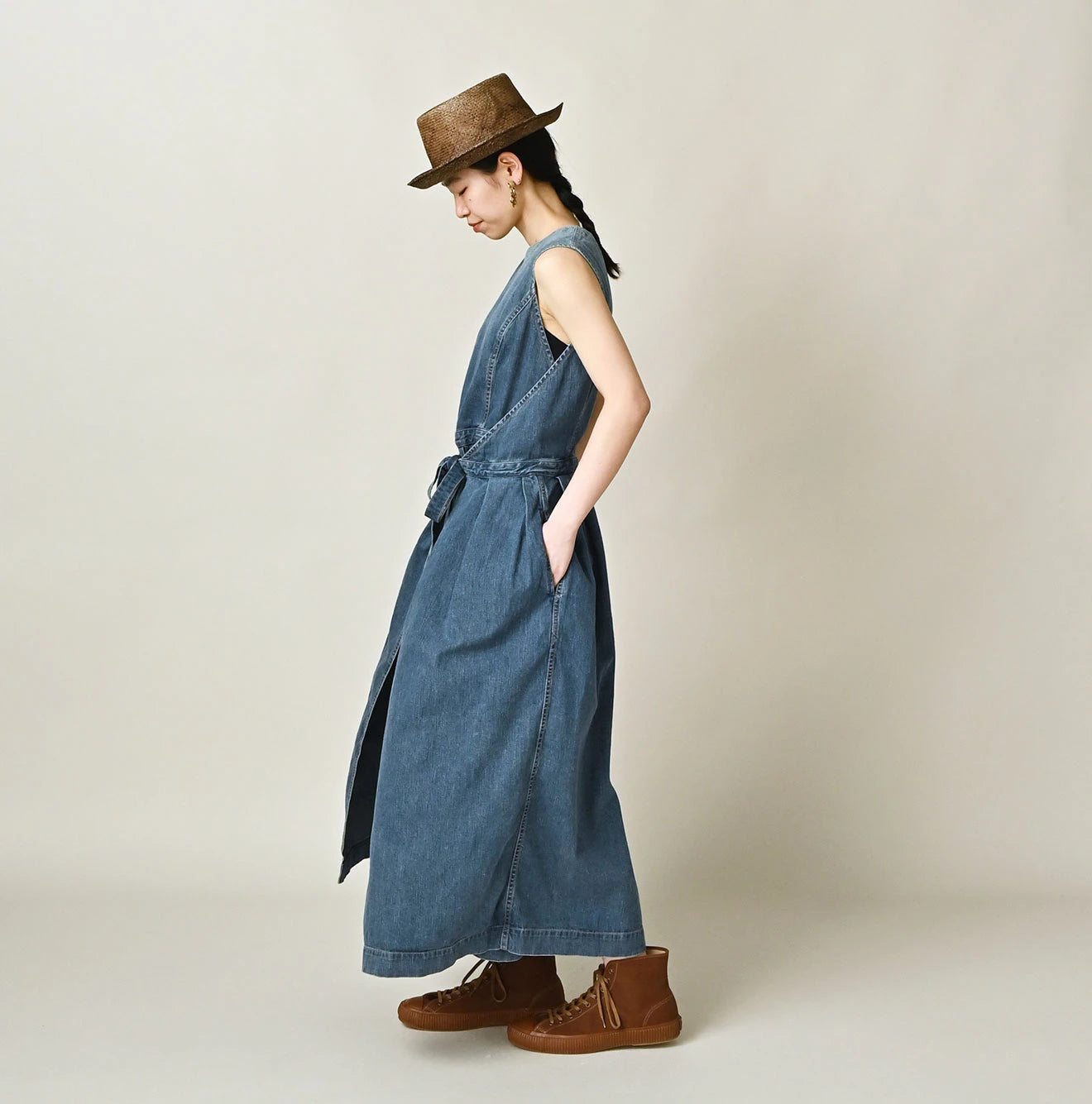 Mugihiko Denim Wrap Dress Tan Female Model