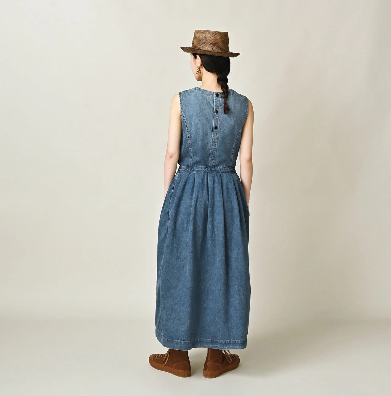 Mugihiko Denim Wrap Dress Tan Female Model