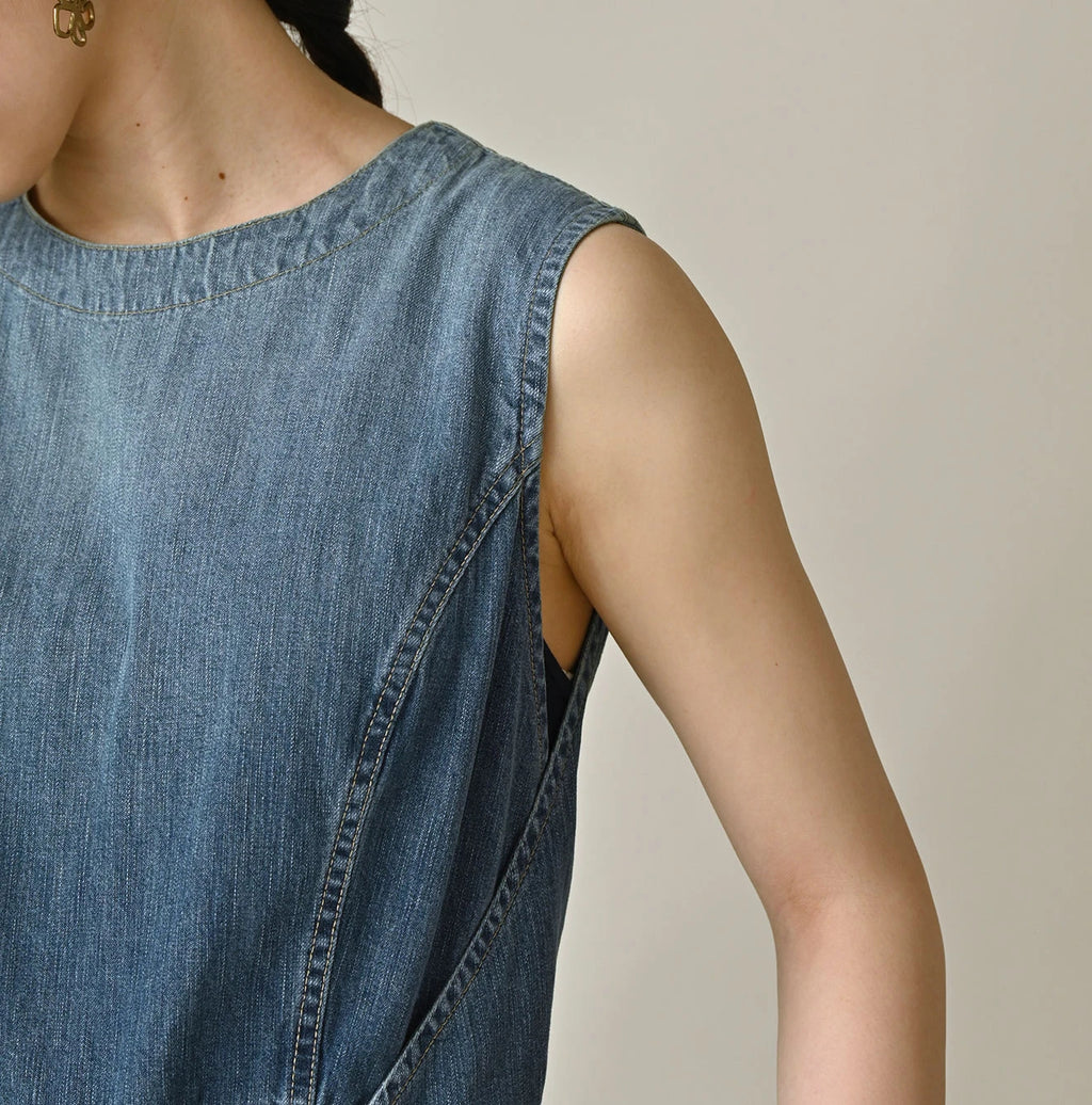 Mugihiko Denim Wrap Dress Tan Detail