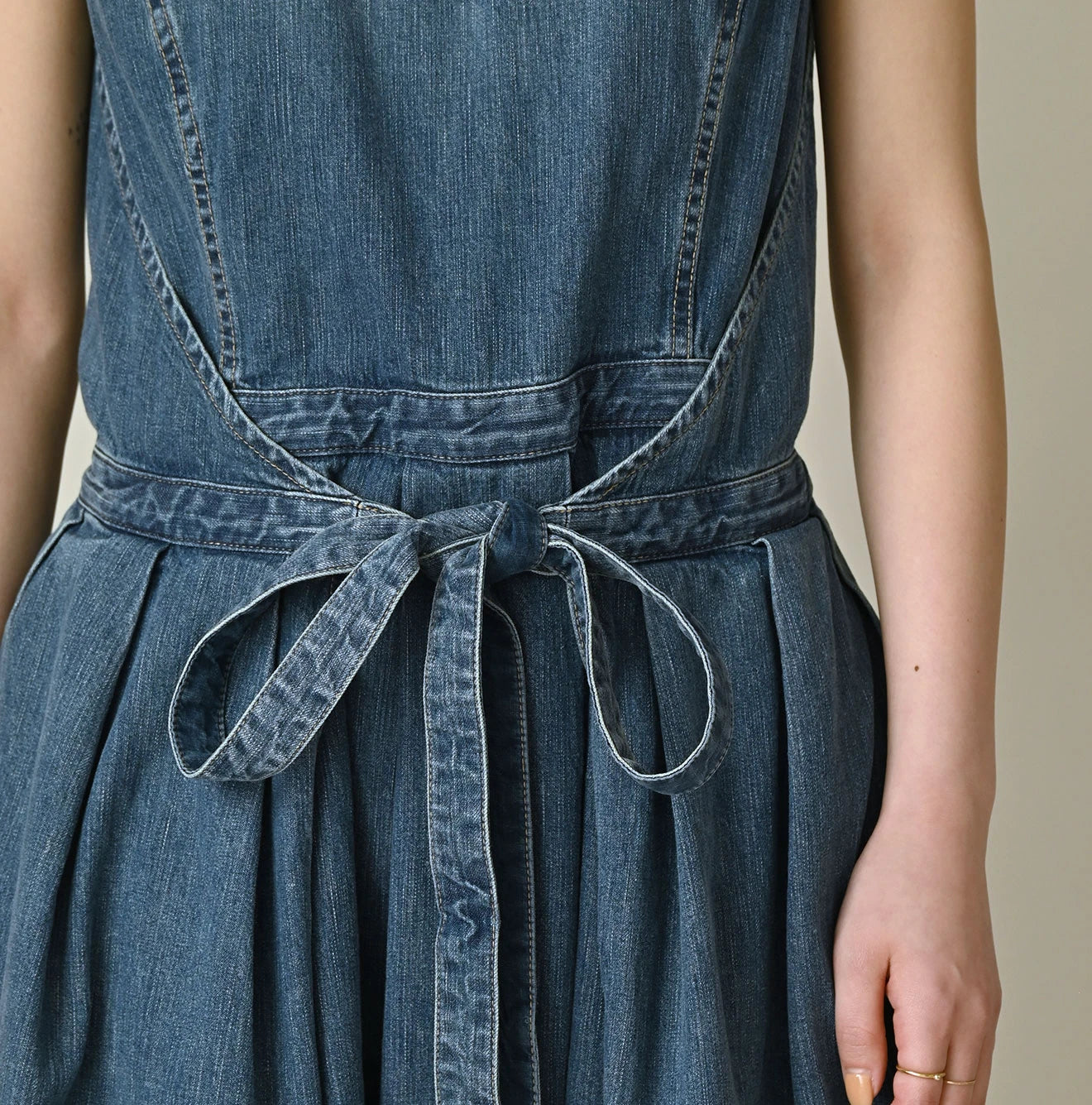 Mugihiko Denim Wrap Dress Tan Detail