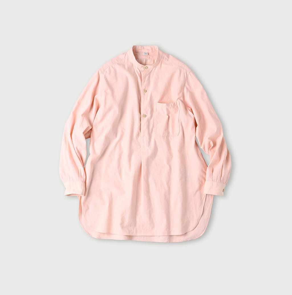 Indigo Khadi OX 908 Stand Collar Grandpa Pull Shirt Pink Chambray
