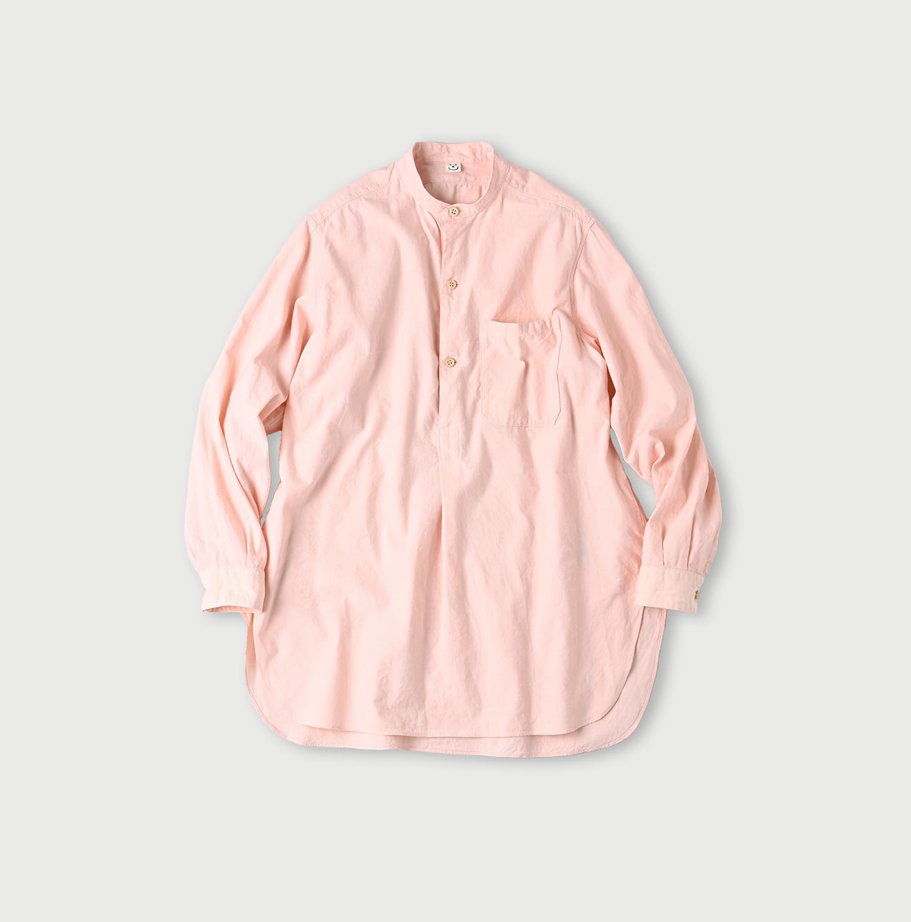 Indigo Khadi OX 908 Stand Collar Grandpa Pull Shirt Pink Chambray