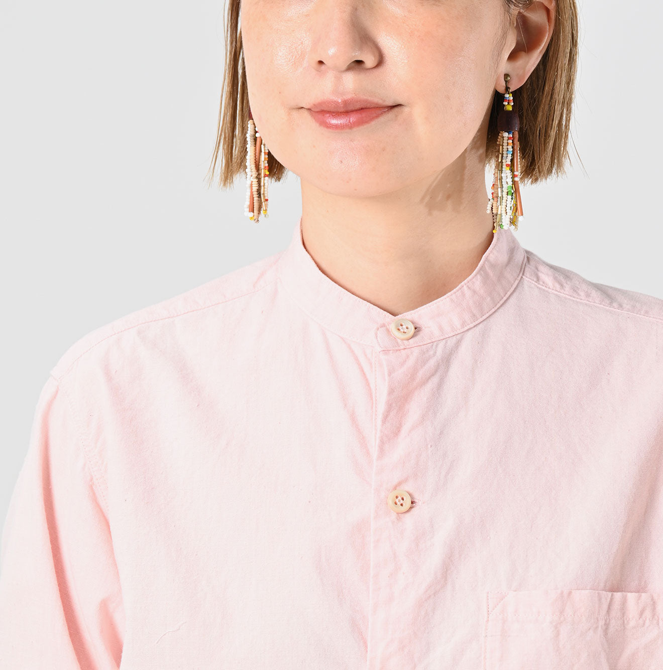 Indigo Khadi OX 908 Stand Collar Grandpa Pull Shirt Detail