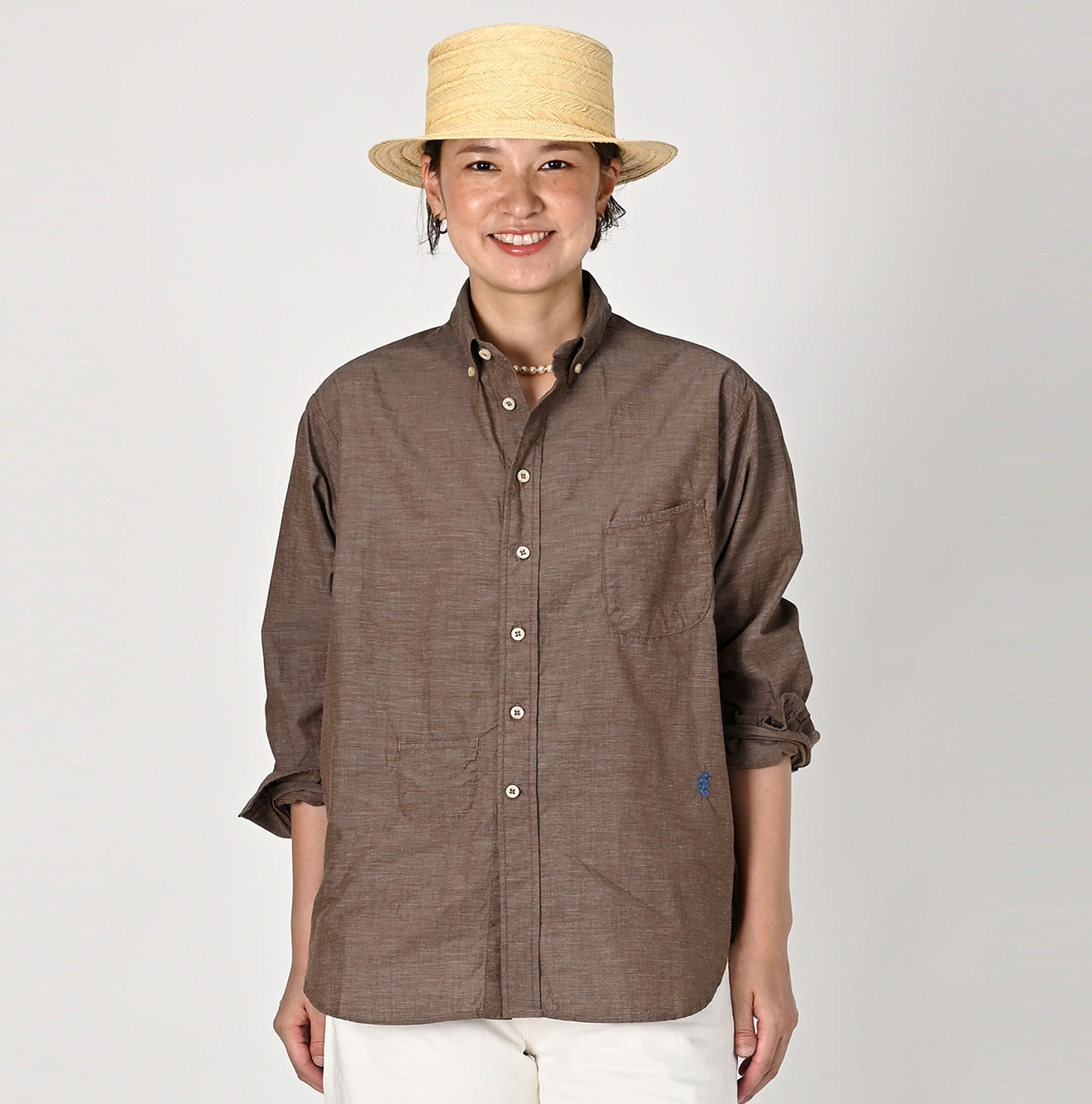 Hakeme 908 Ocean Button Down Shirt Female Model