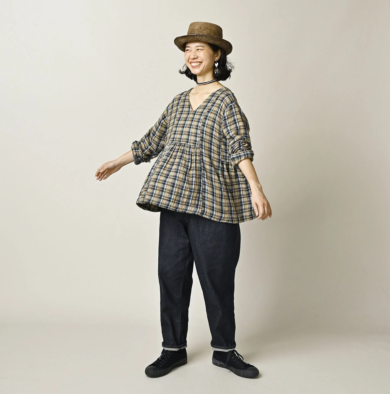 Indigo Double Woven V Gather Blouse