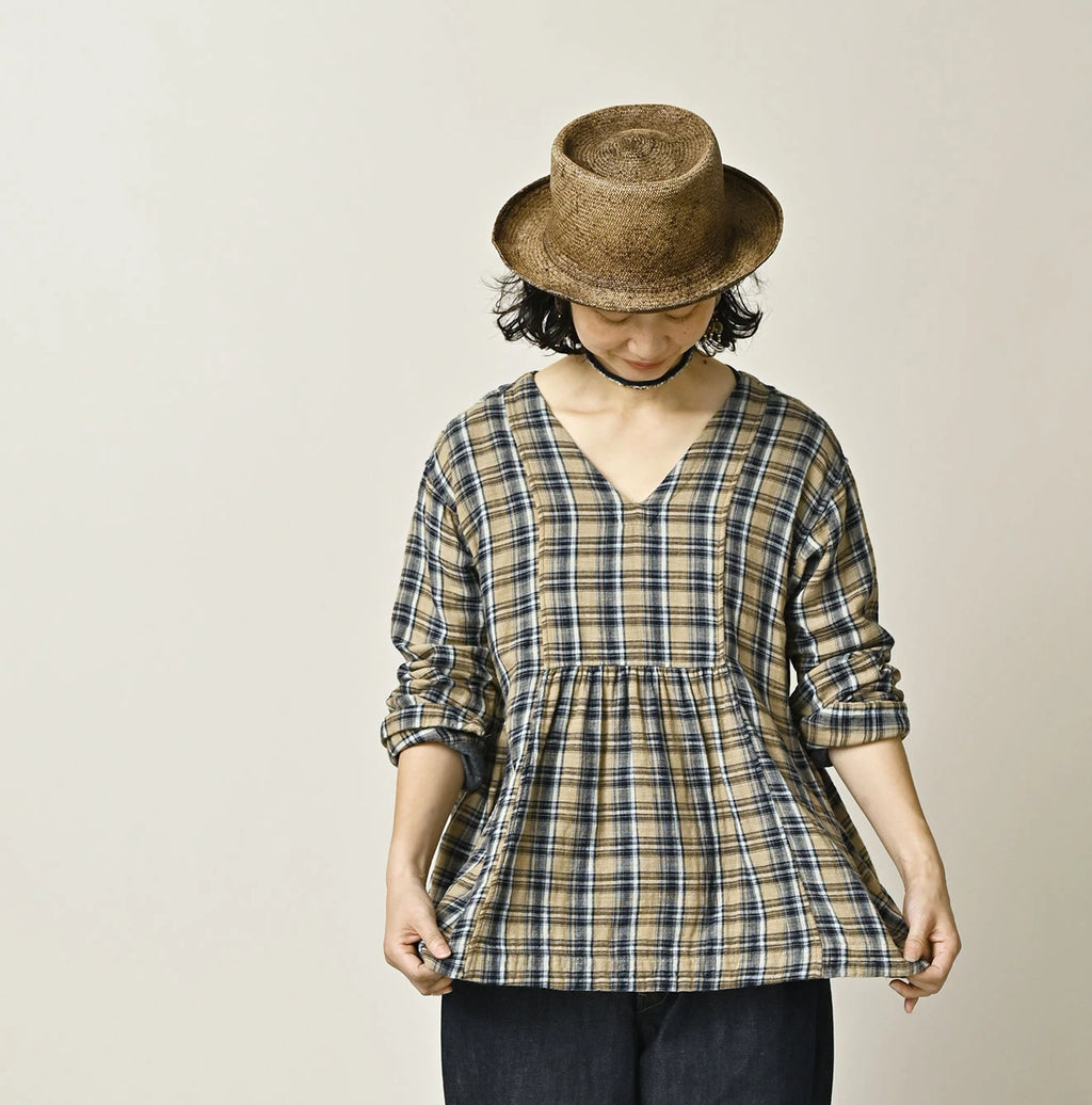 Indigo Double Woven V Gather Blouse