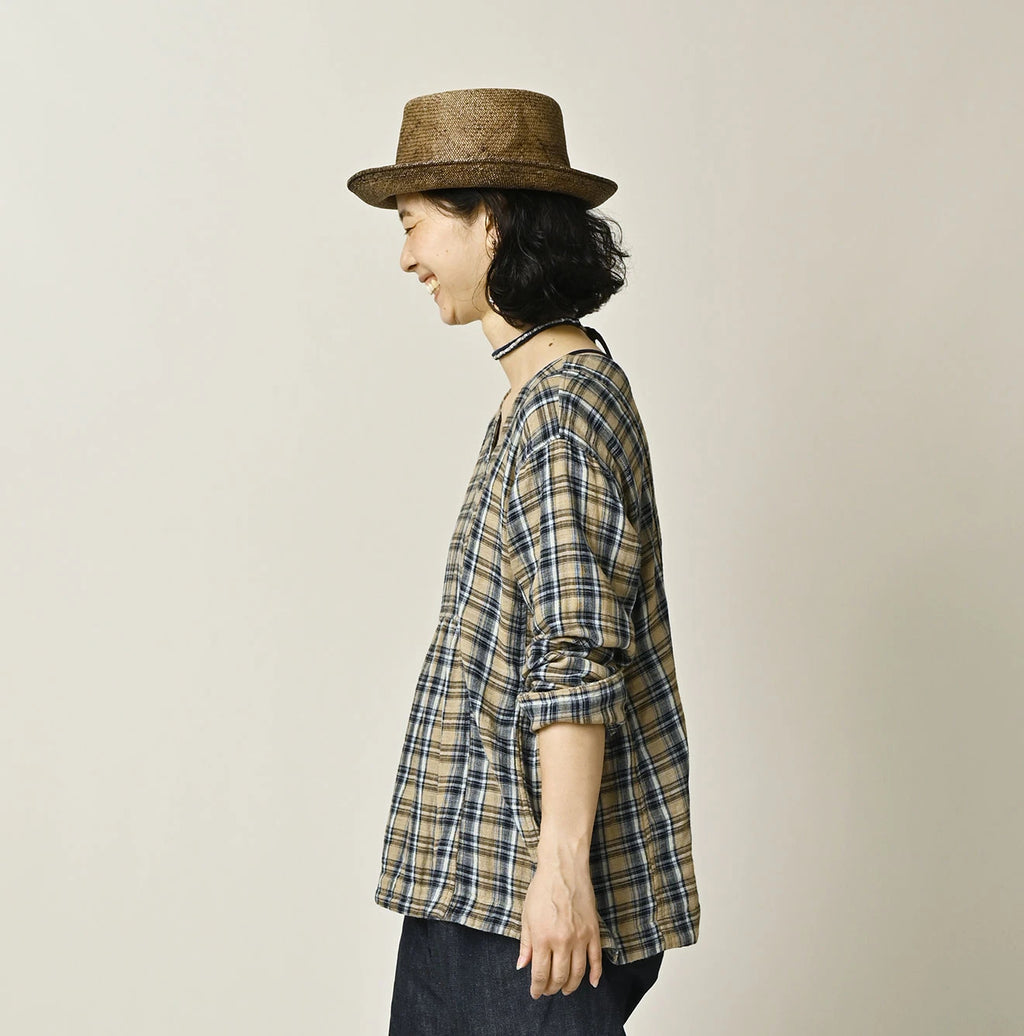 Indigo Double Woven V Gather Blouse