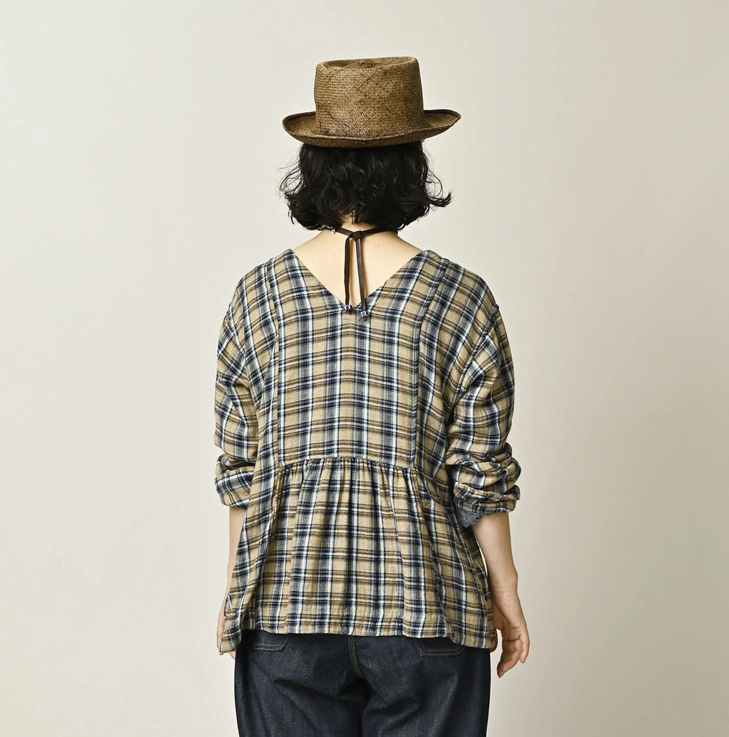 Indigo Double Woven V Gather Blouse