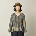 Indigo Double Woven V Gather Blouse