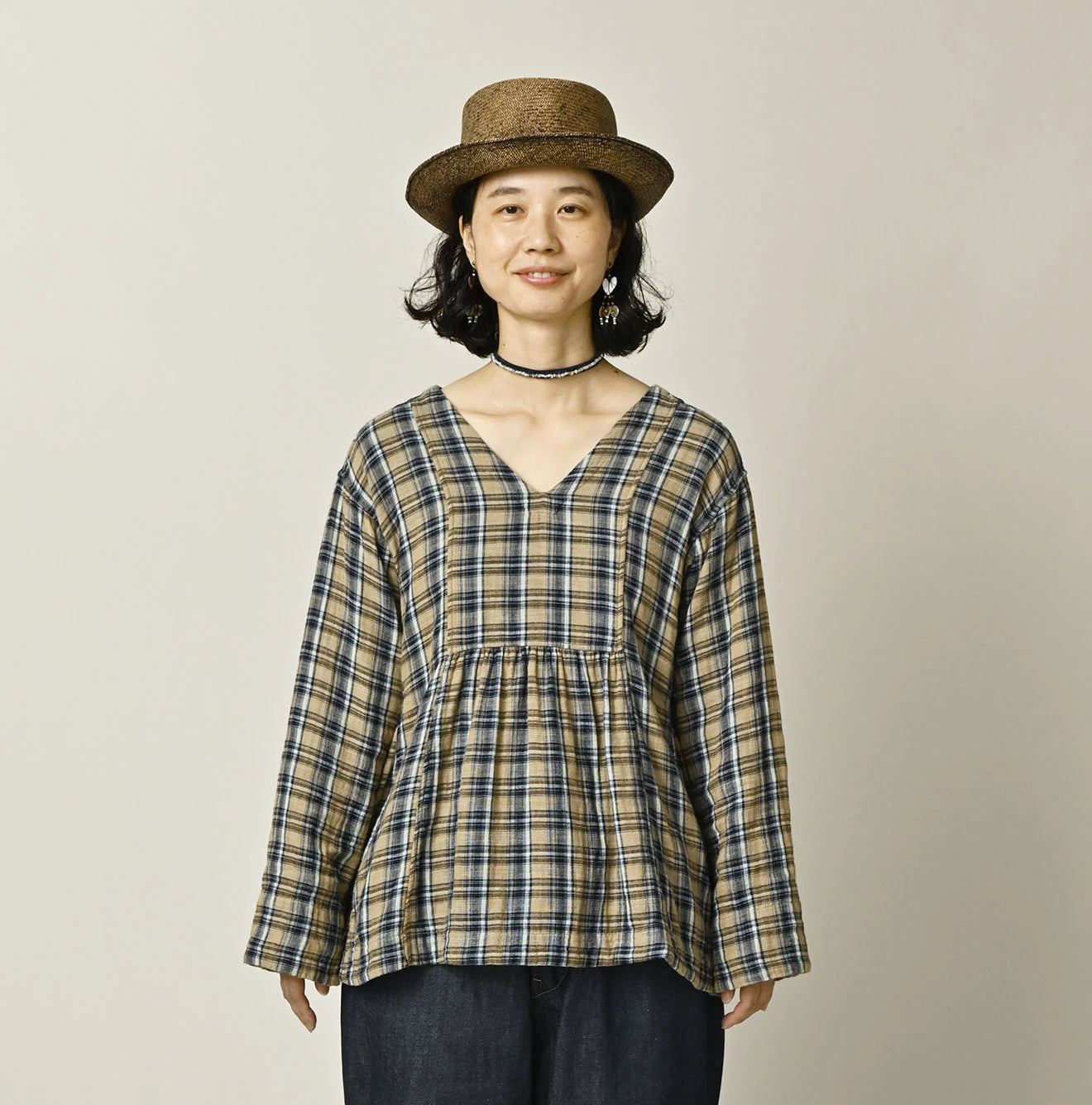 Indigo Double Woven V Gather Blouse