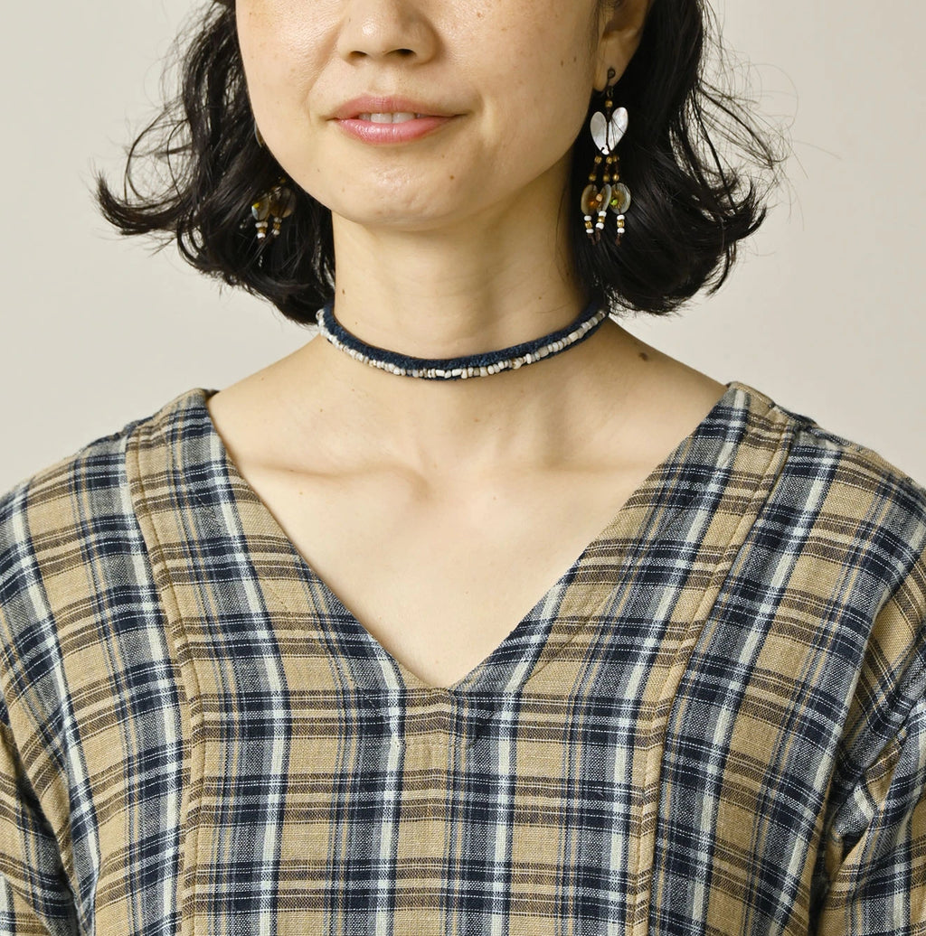 Indigo Double Woven V Gather Blouse