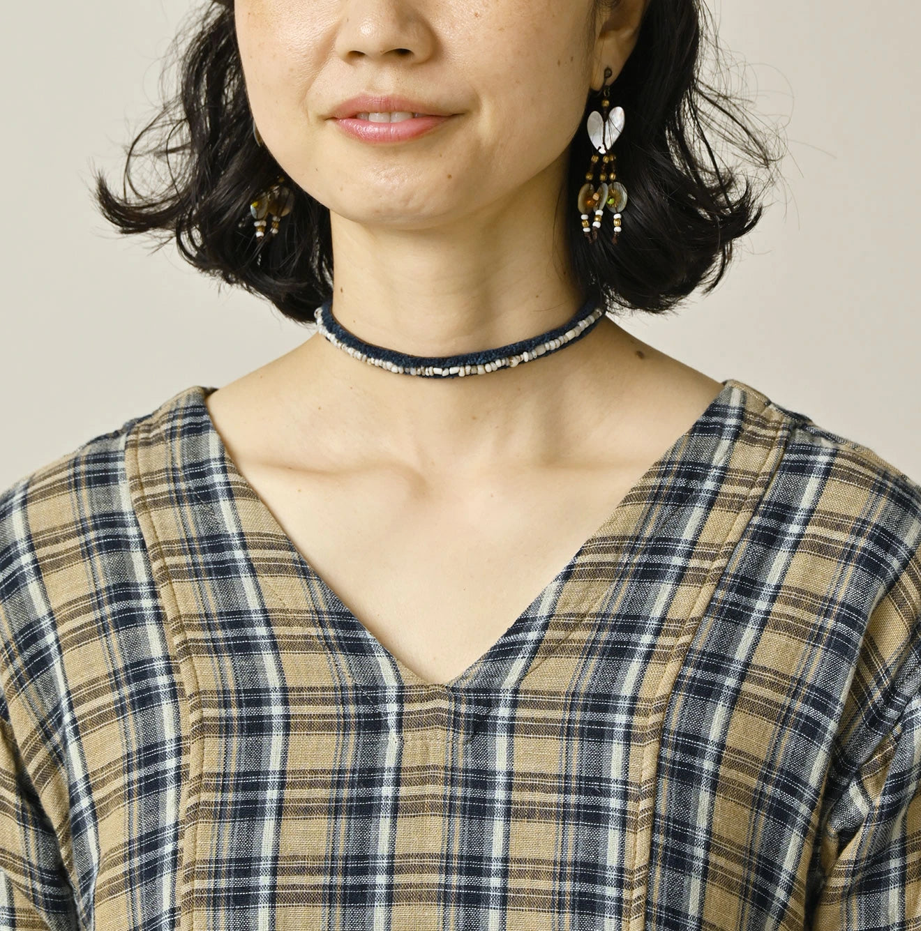 Indigo Double Woven V Gather Blouse