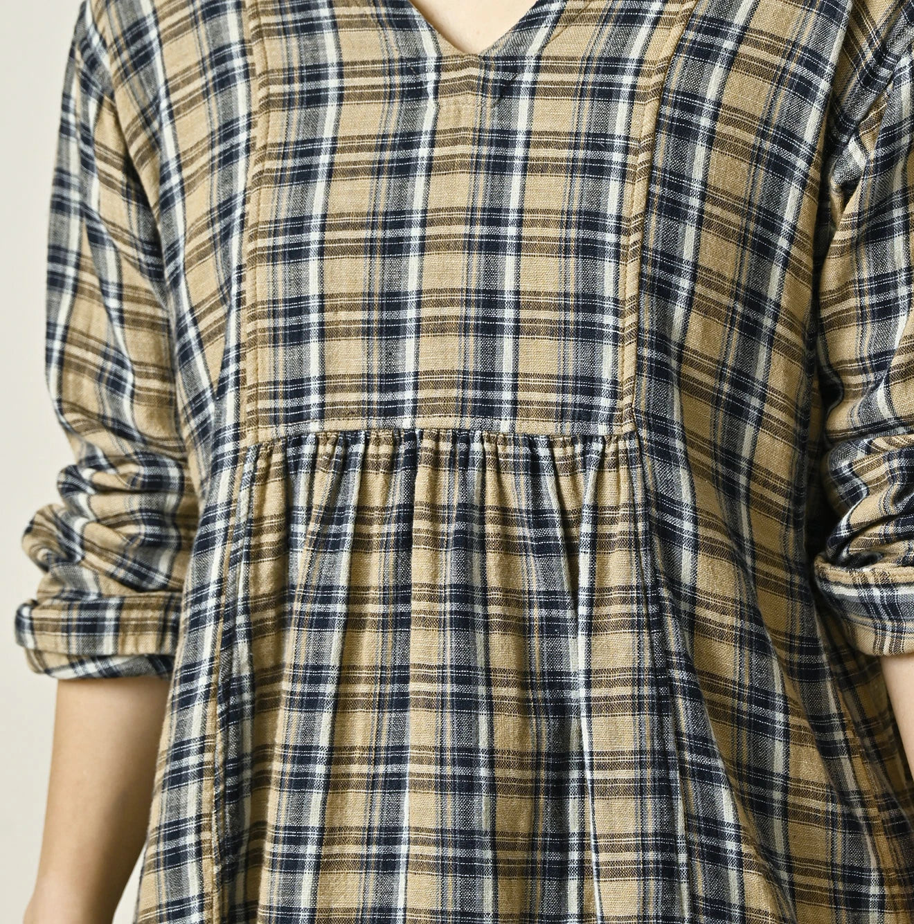 Indigo Double Woven V Gather Blouse