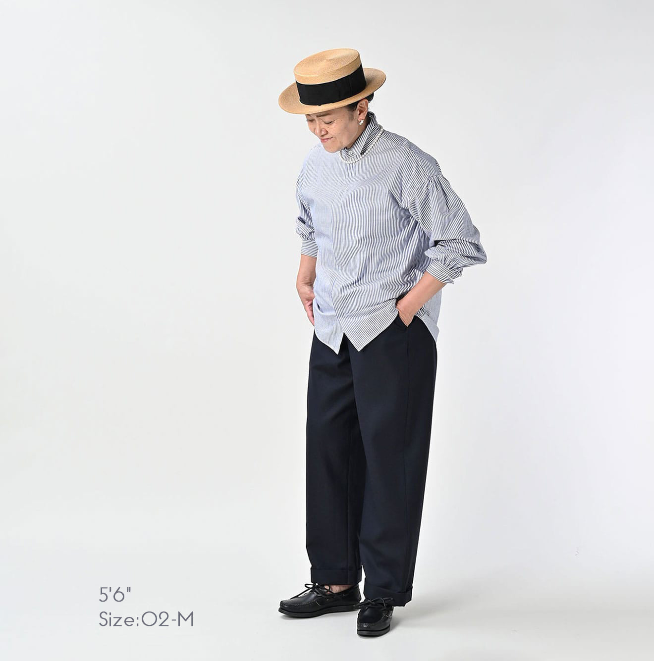 Supima OX Petit Collar Long Sleeve Coupé Shirt Blue Stripes Female Model