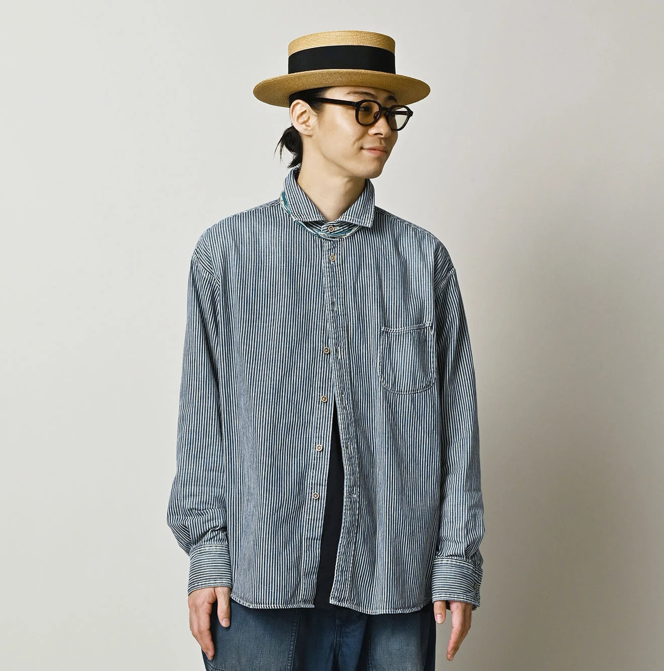 Komugi Denim 908 Wide Collar Shirt Distressed