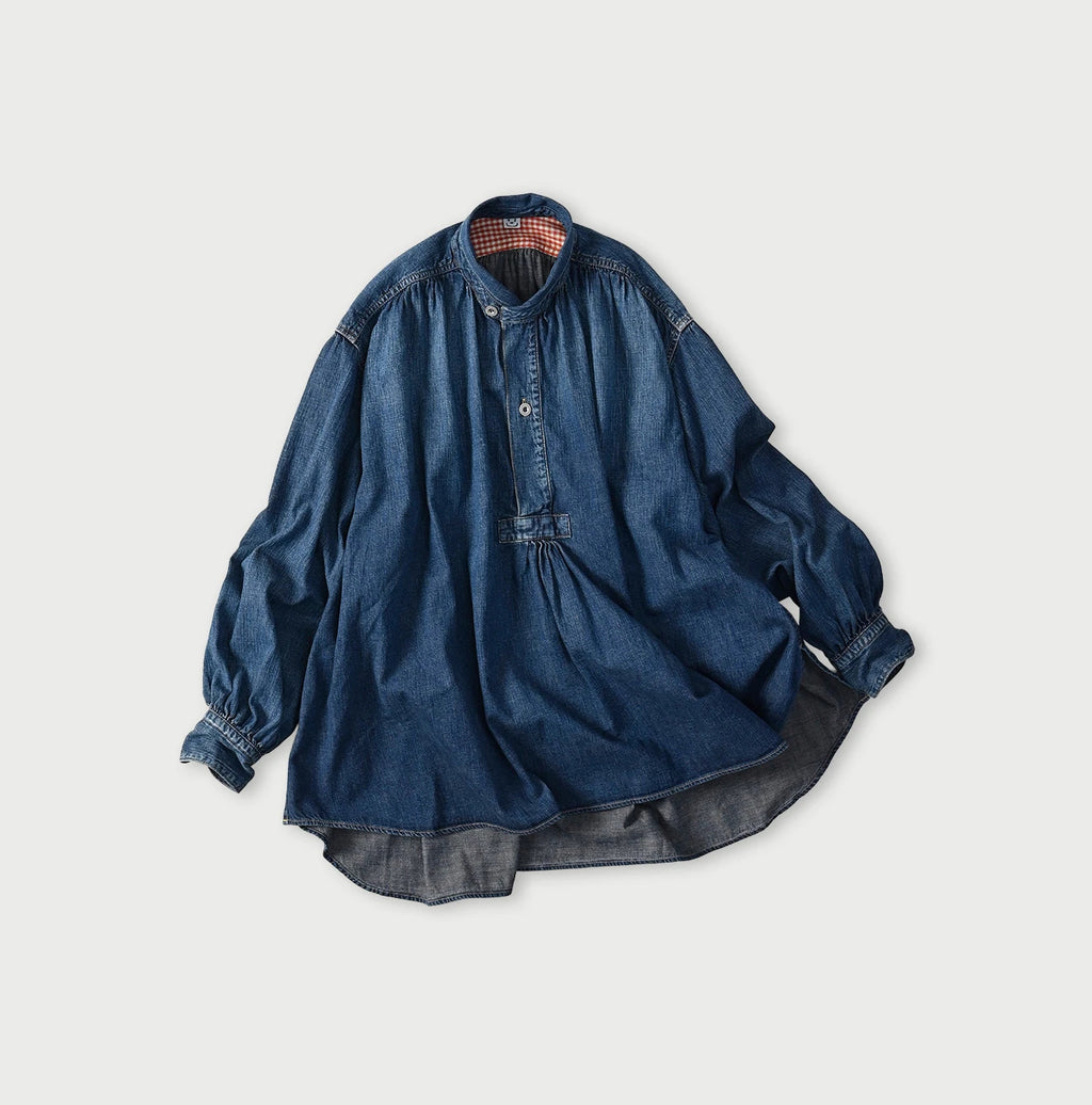 Komugi Denim Shawl Collar Blouse Distressed