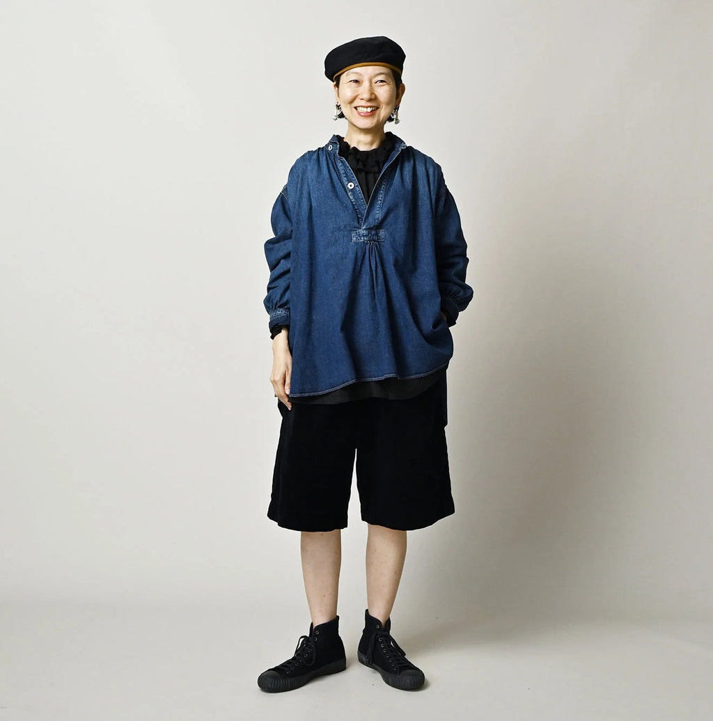 Komugi Denim Shawl Collar Blouse Distressed