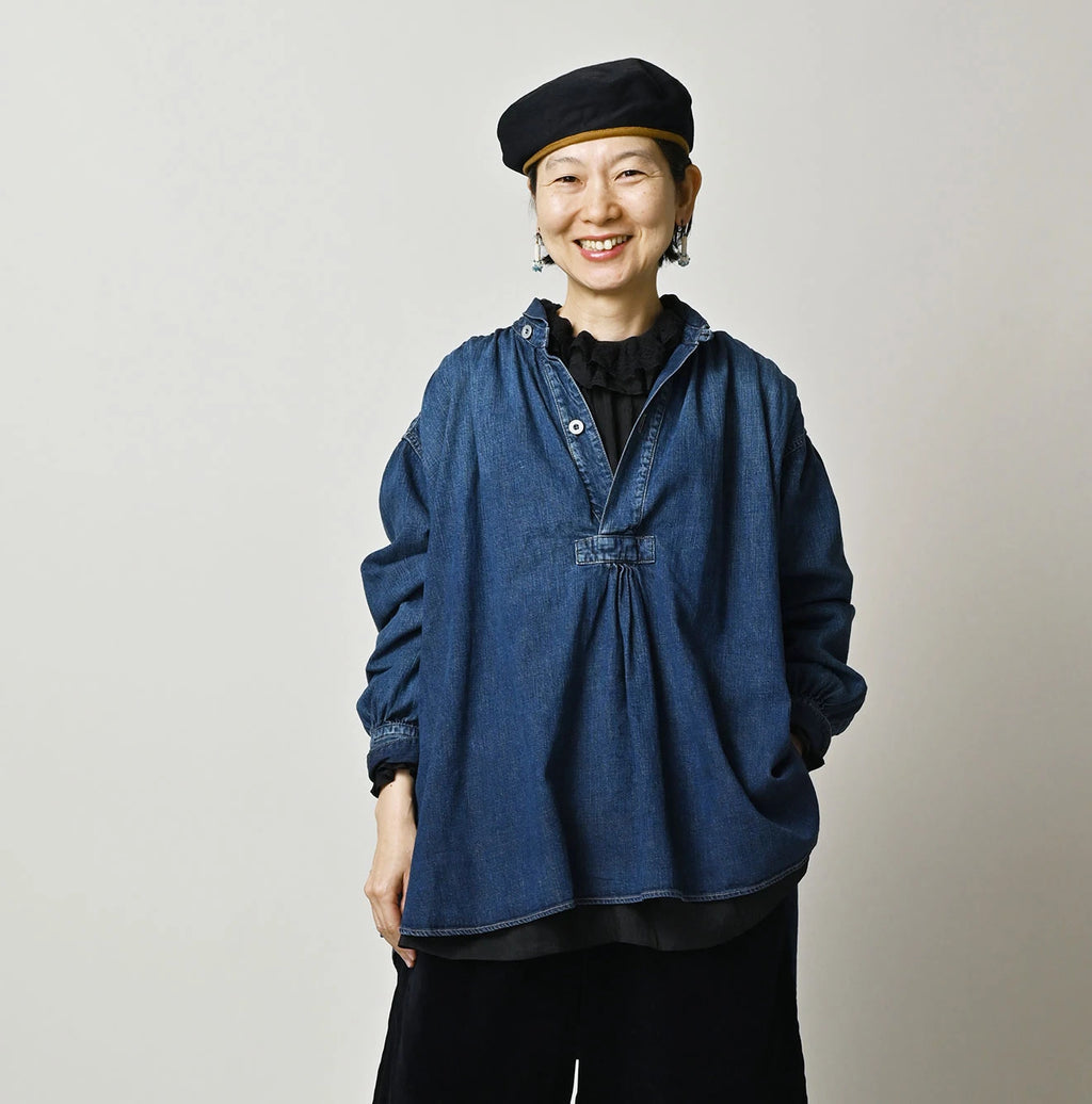 Komugi Denim Shawl Collar Blouse Distressed