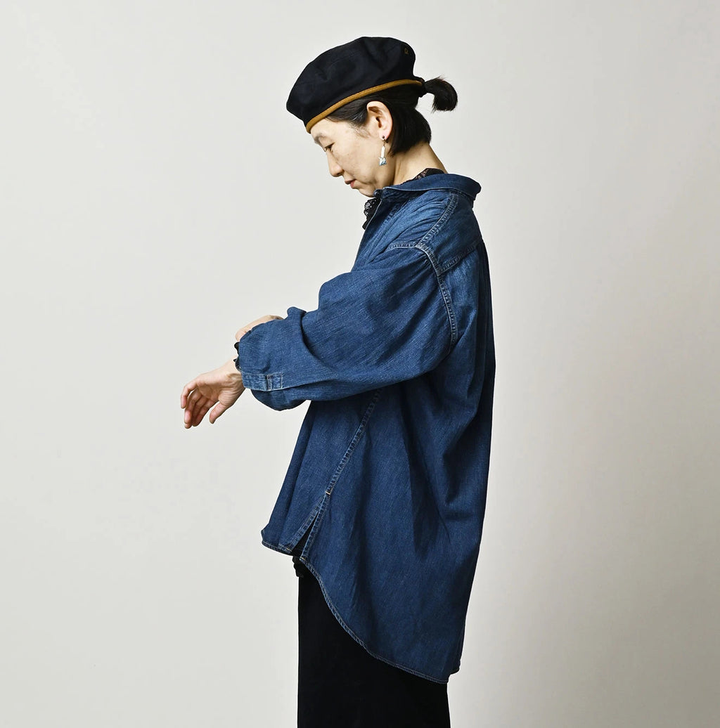 Komugi Denim Shawl Collar Blouse Distressed